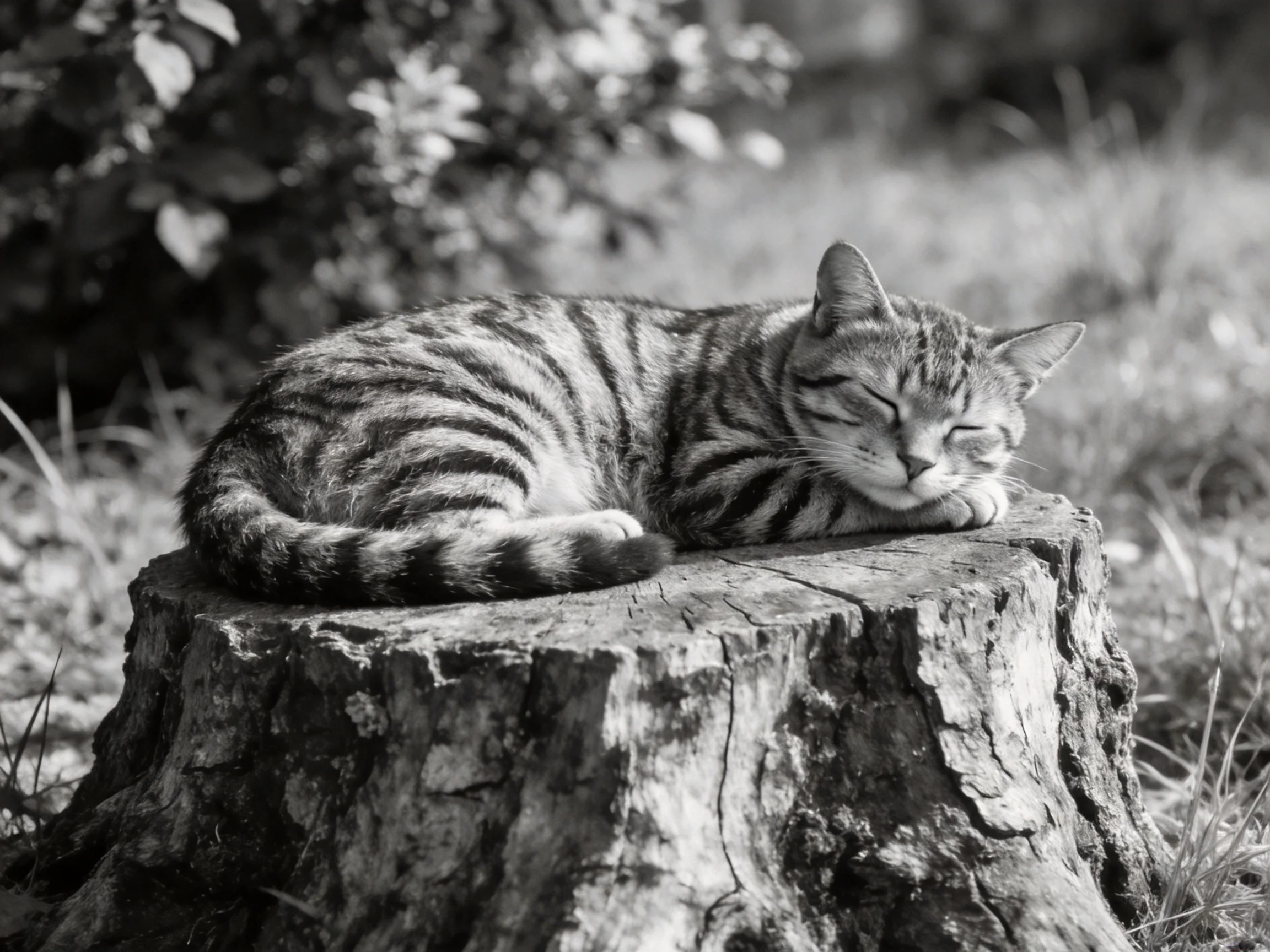 A striped cat sleeps on a large tree stump in a sunlit outdoor space.