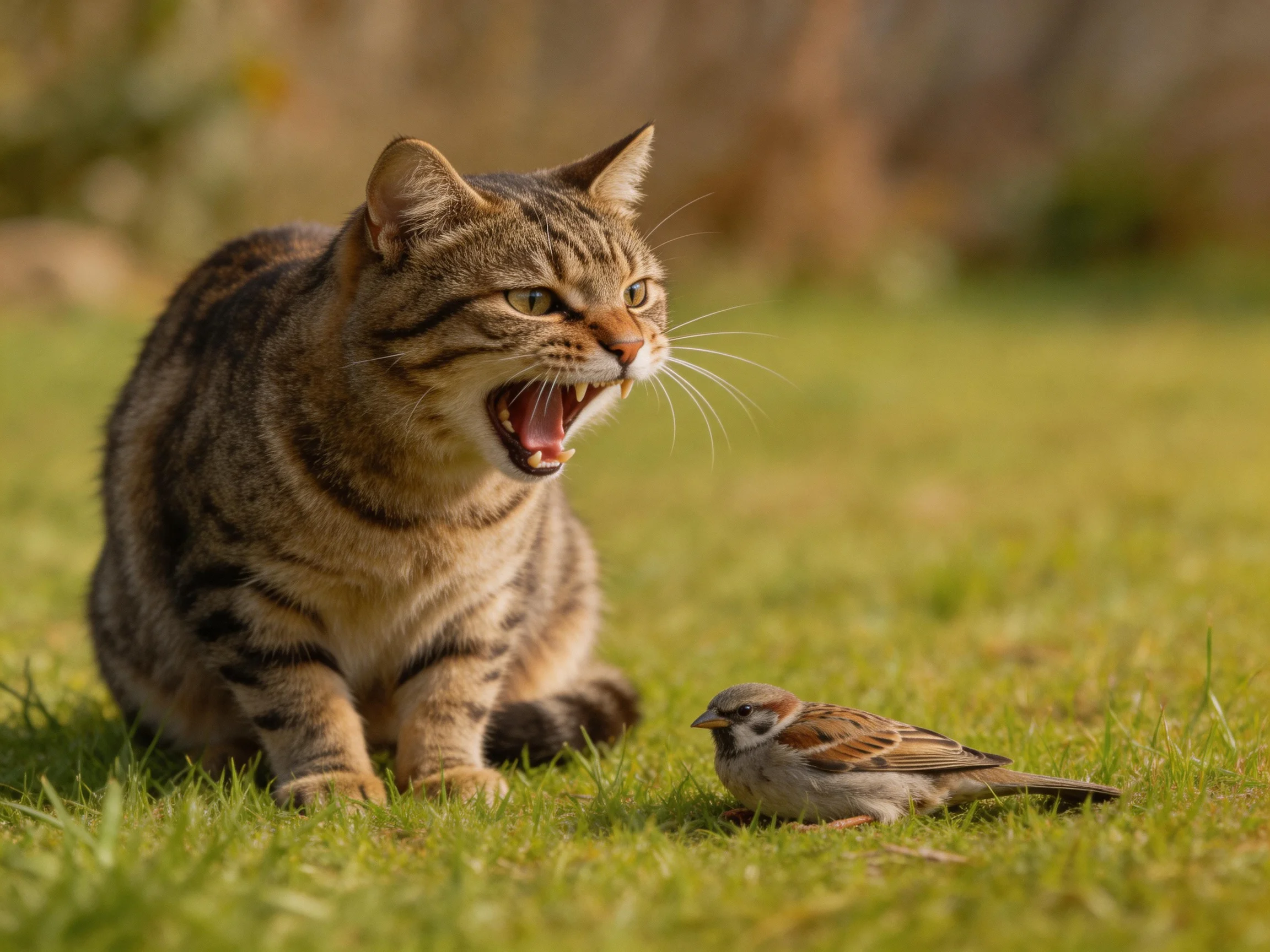A striped tabby cat confronts a small sparrow on sunlit green grass
