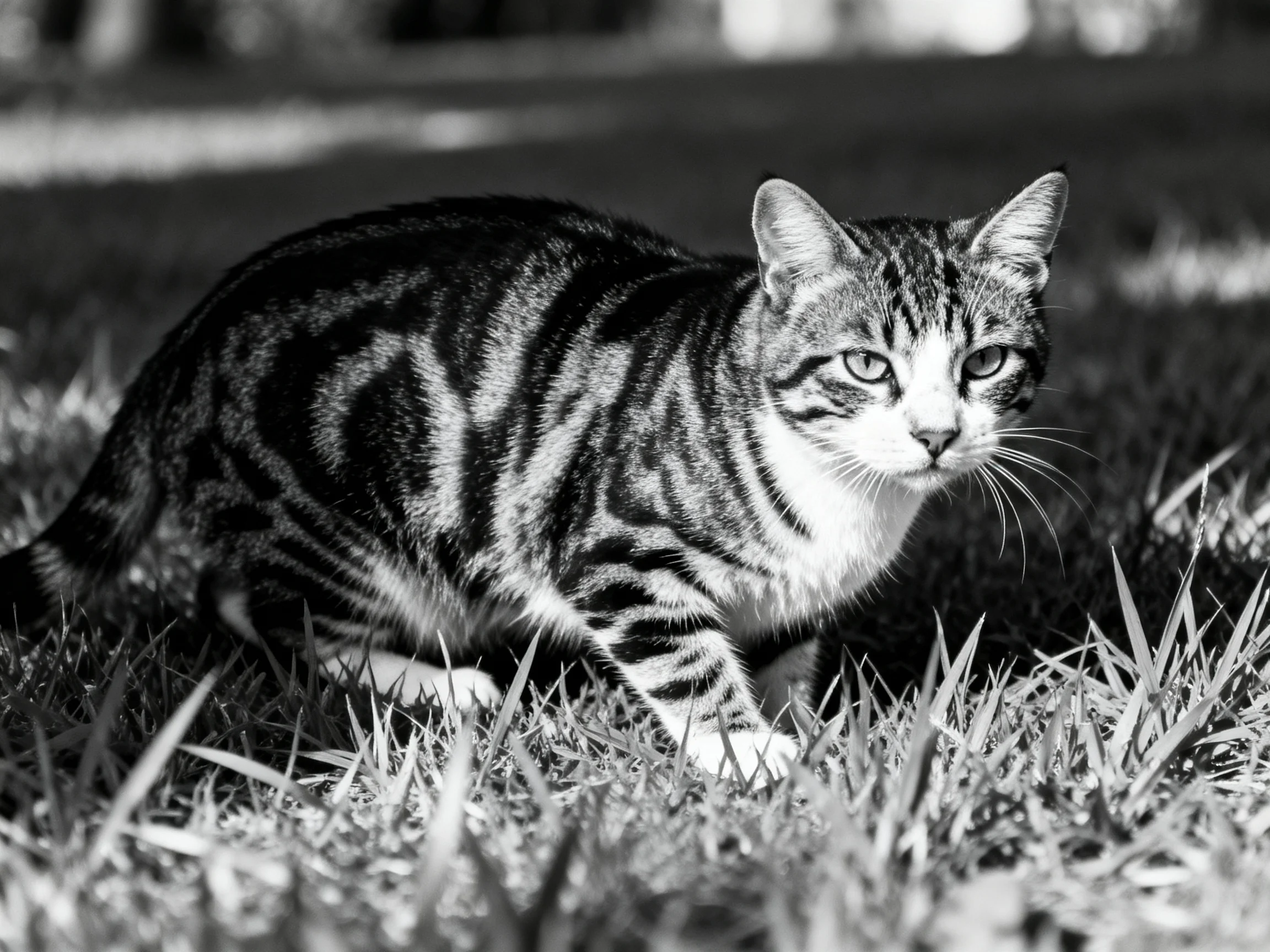 A striped tabby cat crouches in tall grass under soft light