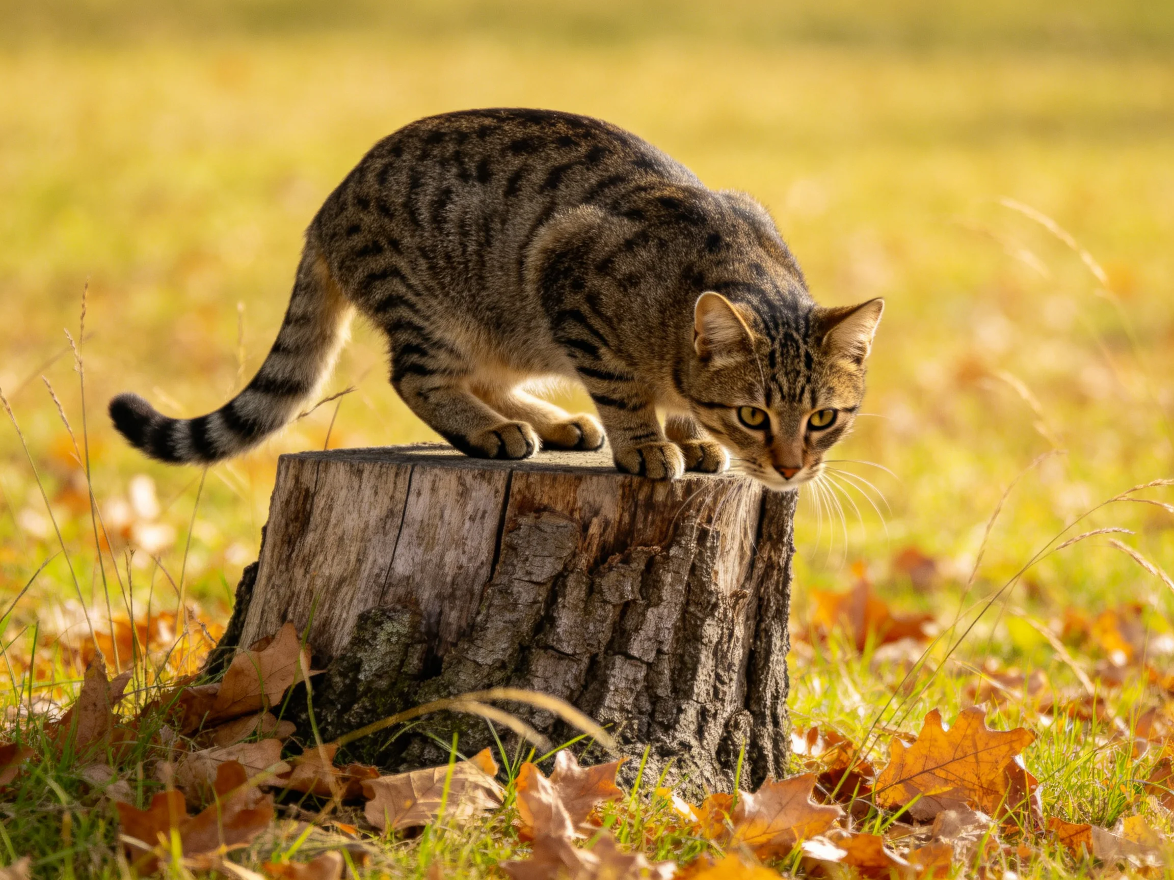 A striped tabby cat crouches on a weathered tree stump amid autumn foliage