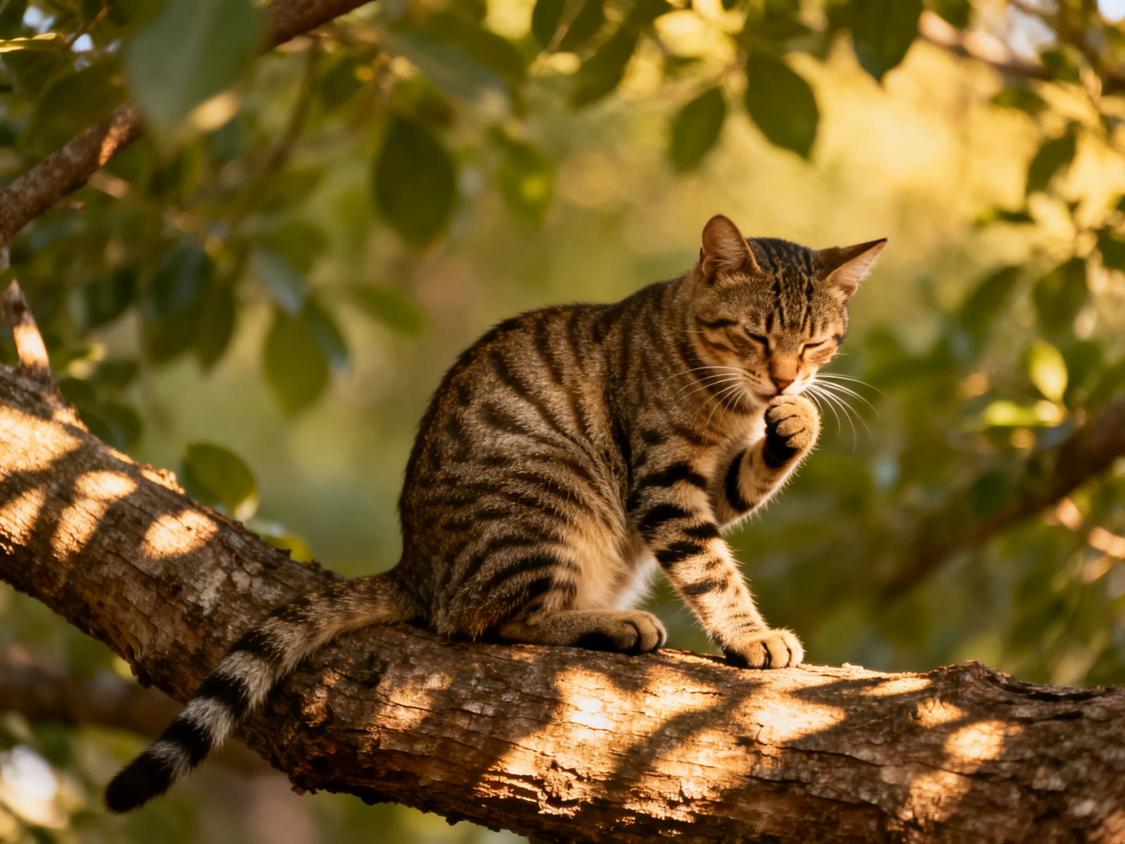 A striped tabby cat grooming on a sunlit tree branch