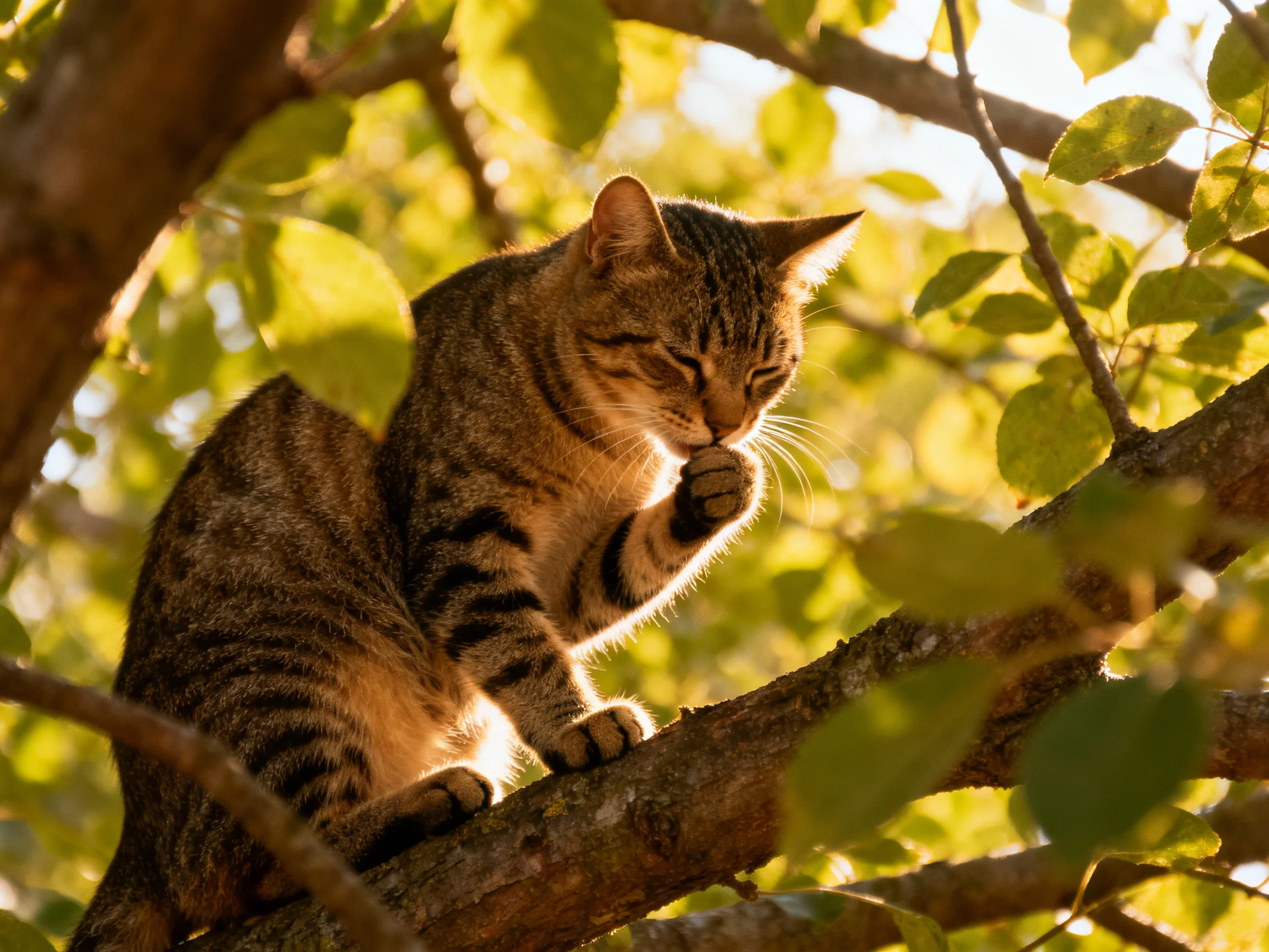 A striped tabby cat grooms on a sun-dappled tree branch
