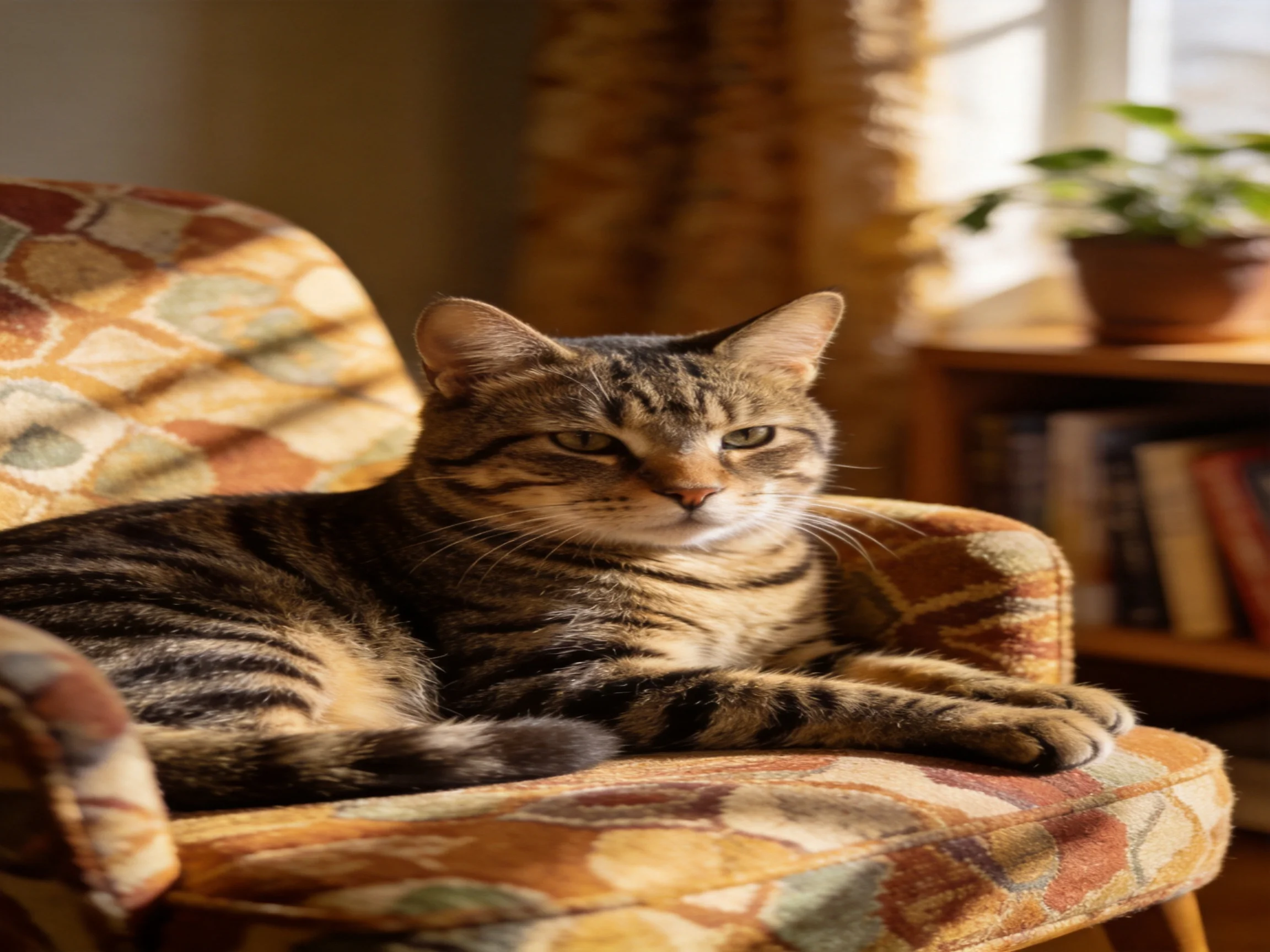 A striped tabby cat lounges on a colorful patterned armchair near books