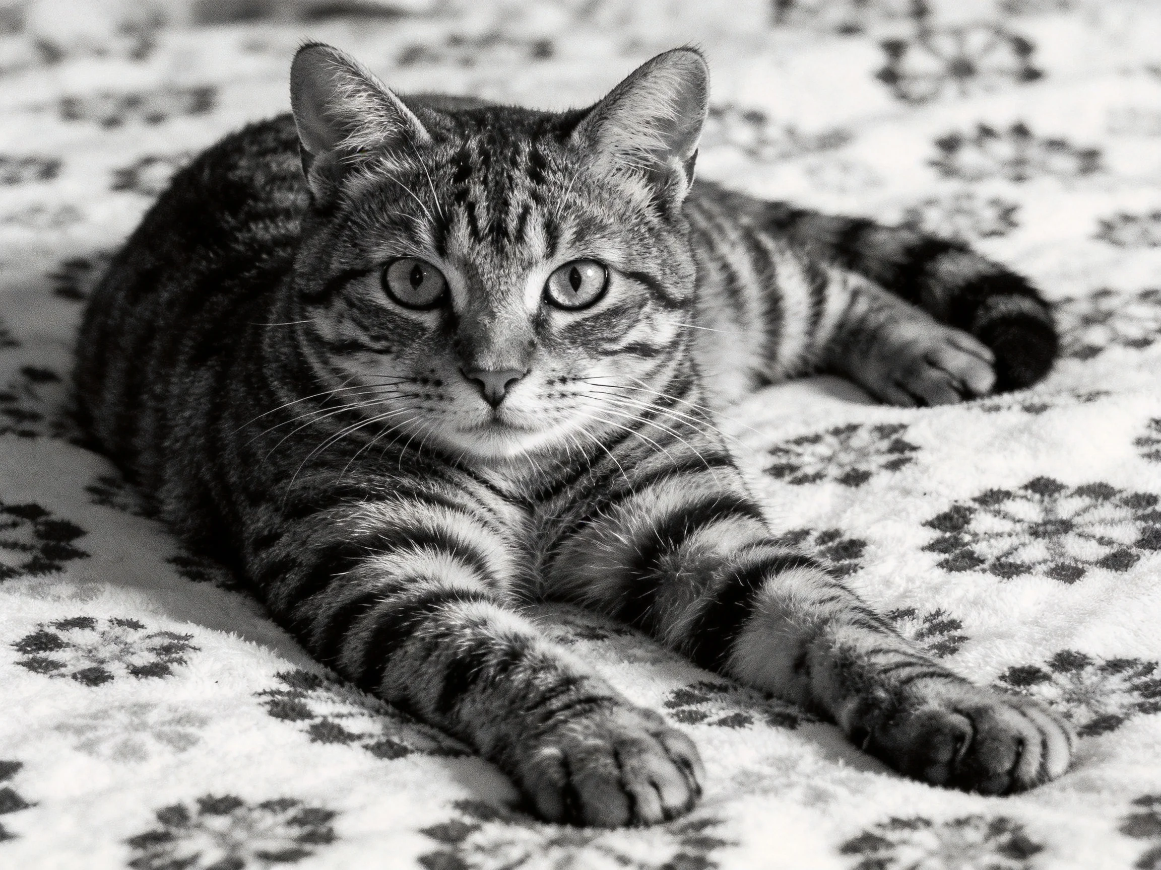 A striped tabby cat lounges on a floral-patterned blanket
