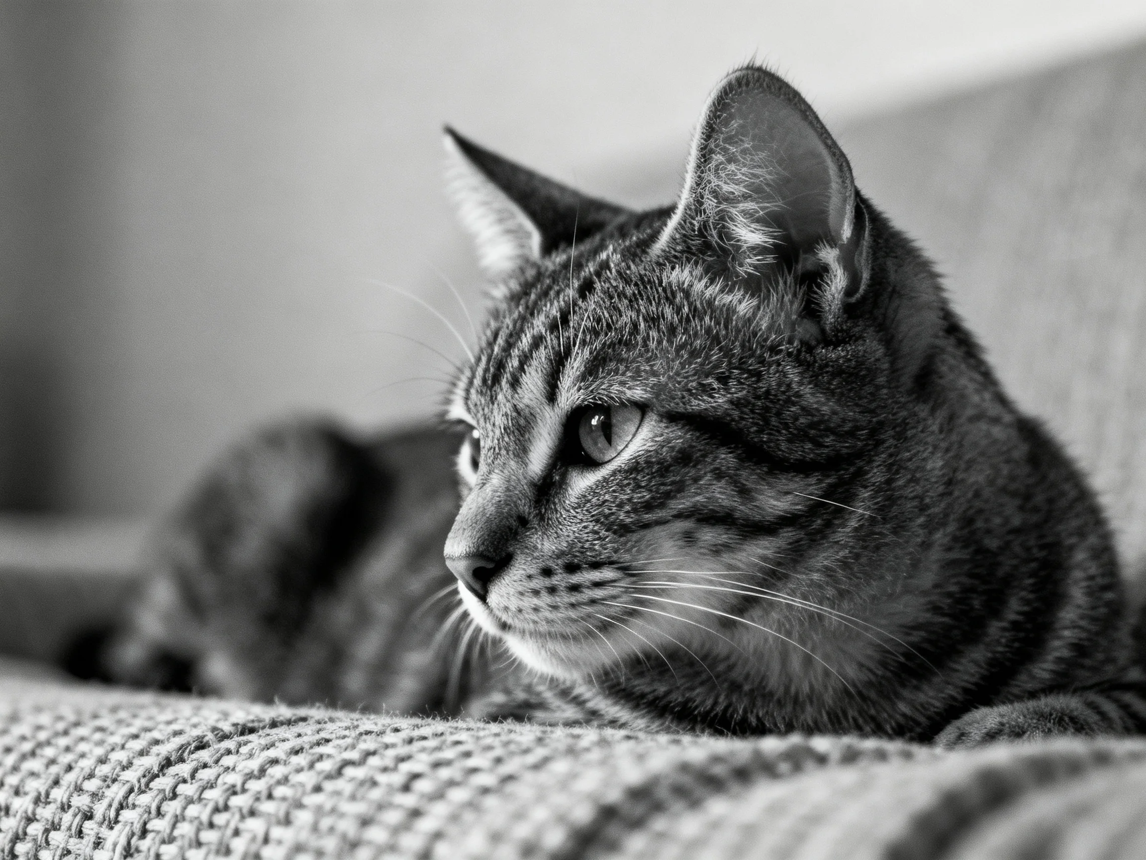 A striped tabby cat lounges on a knitted couch in grayscale