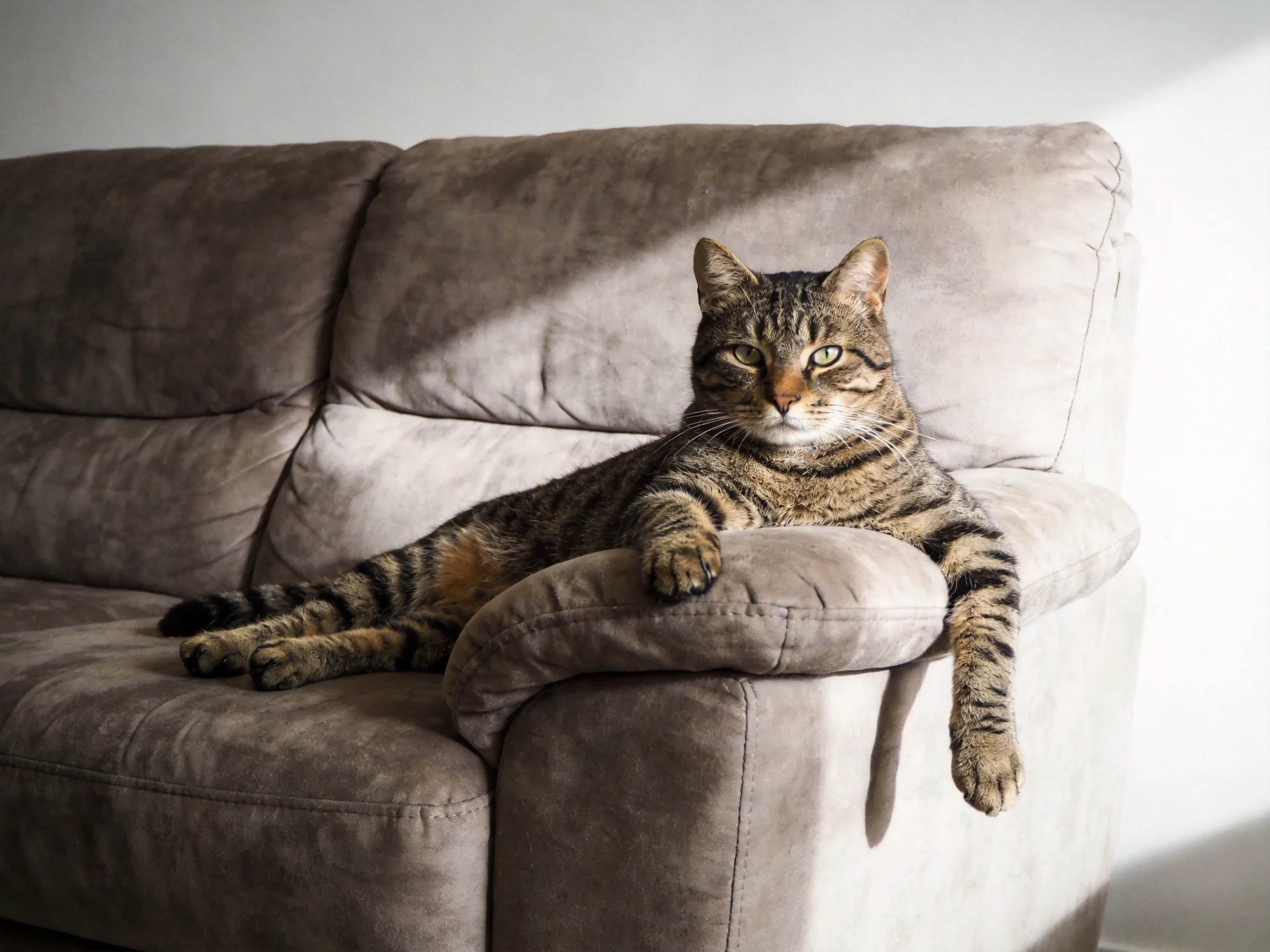 A striped tabby cat lounges on a plush gray sofa with soft lighting