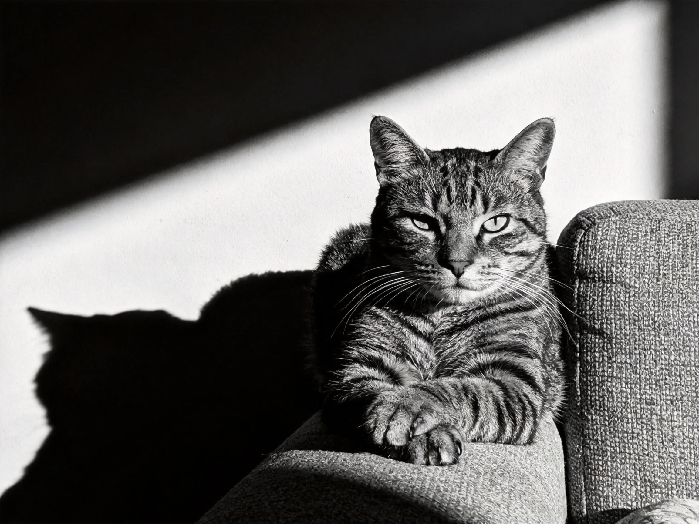 A striped tabby cat lounges on a textured sofa with dramatic shadow patterns