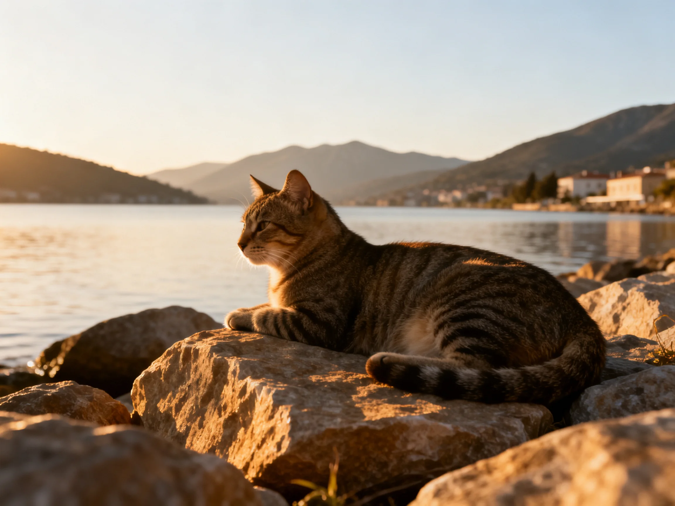 A striped tabby cat lounges on rocks by a serene lakeside with distant mountains