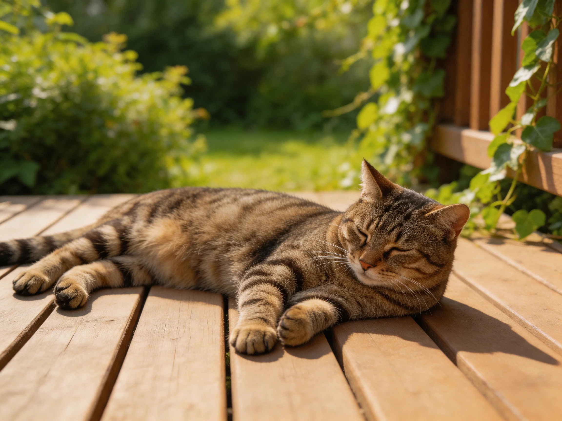 A striped tabby cat lounging on a wooden deck amid lush green foliage