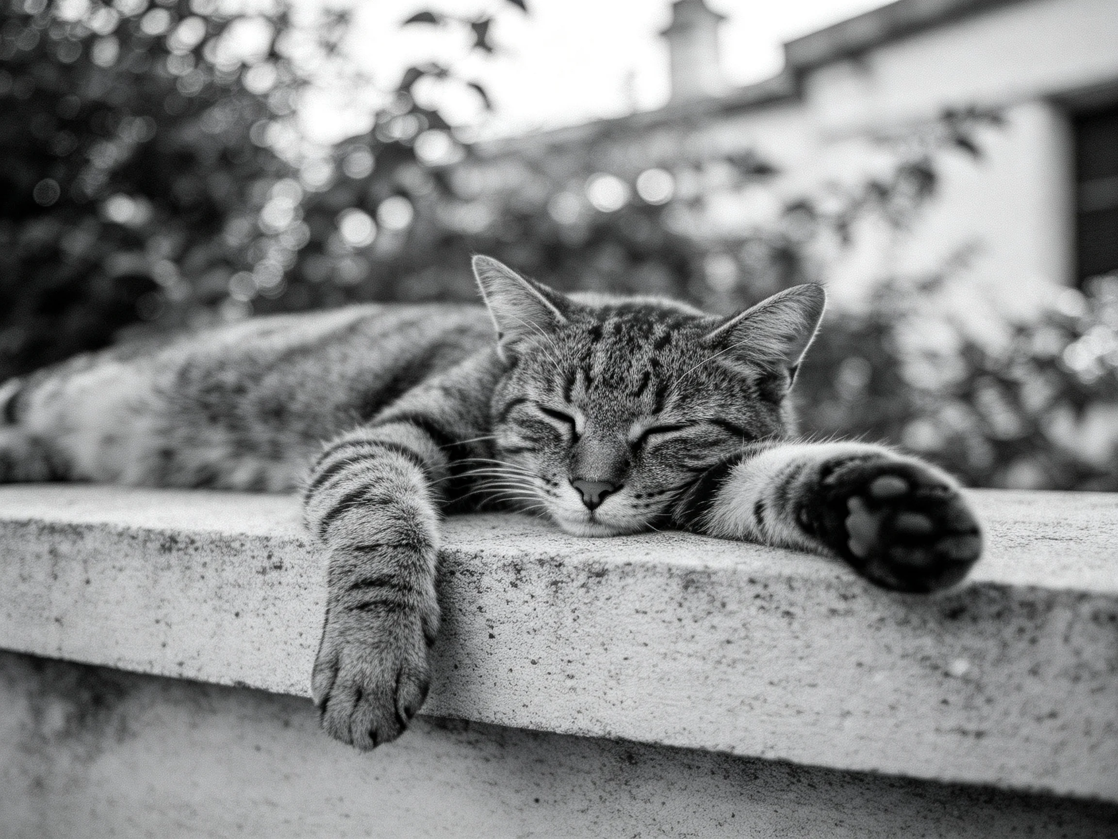 A striped tabby cat napping on a weathered concrete ledge outdoors