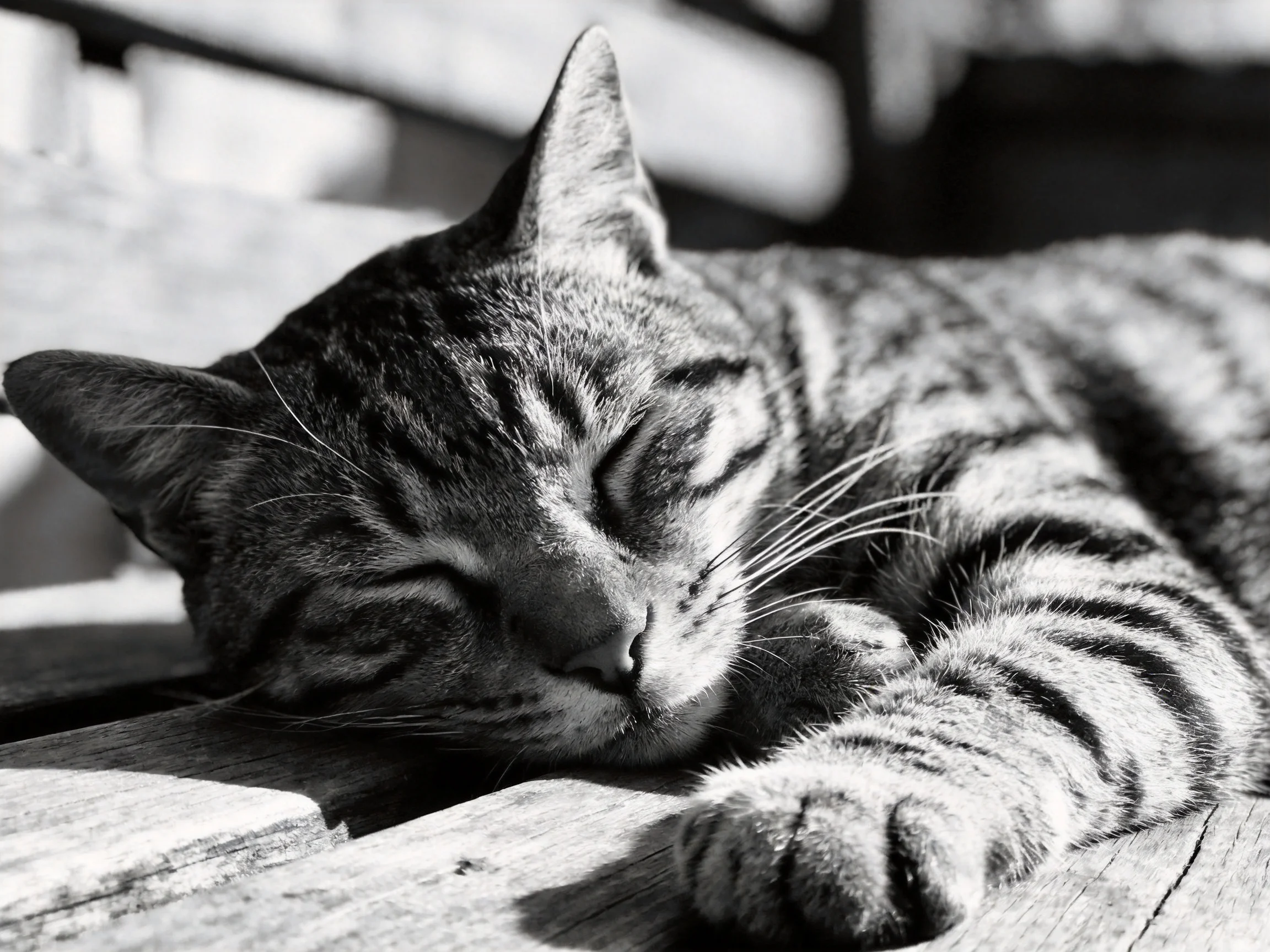 A striped tabby cat naps on a weathered wooden surface in monochrome