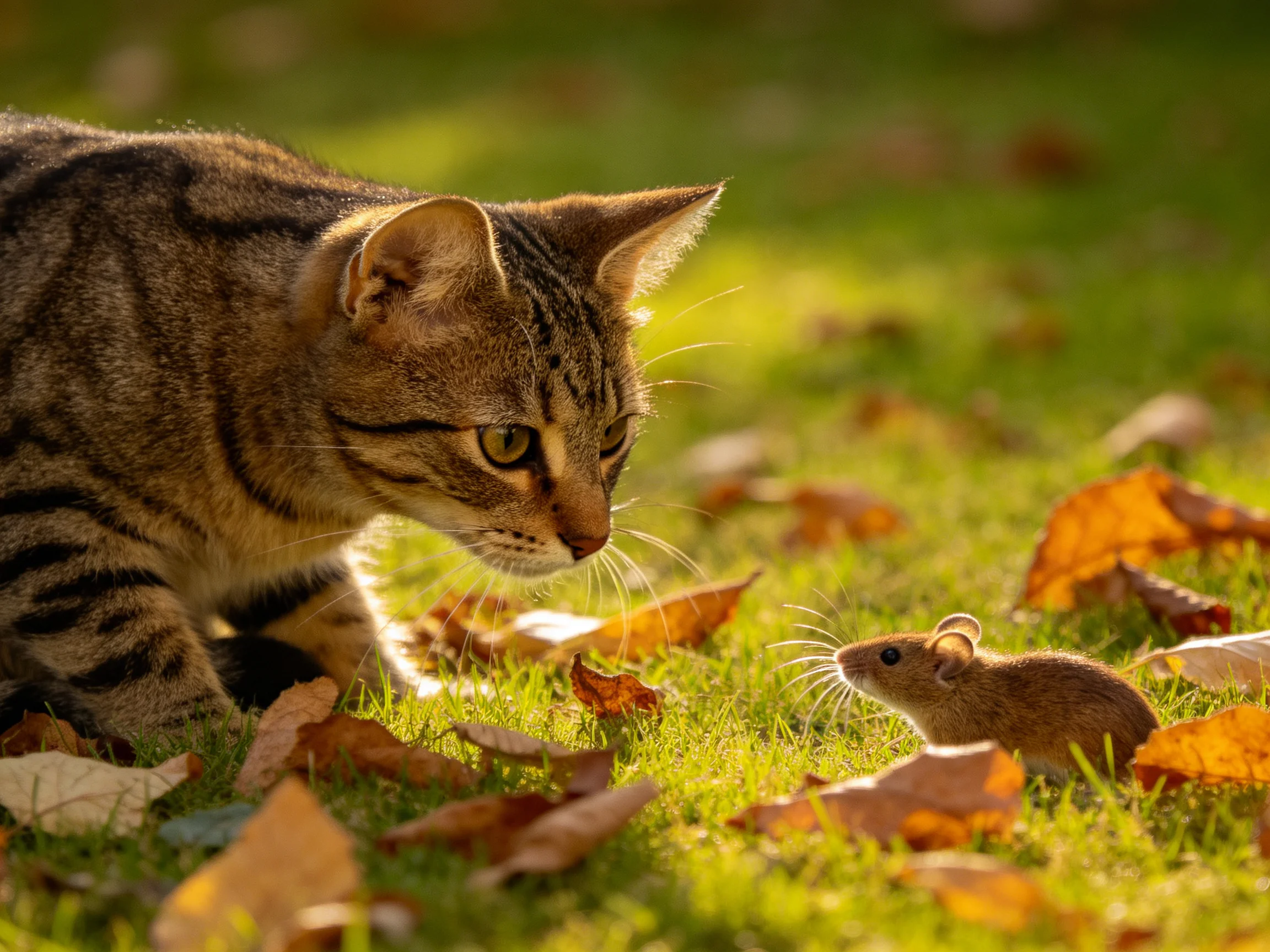 A striped tabby cat observes a small brown mouse amid autumn leaves