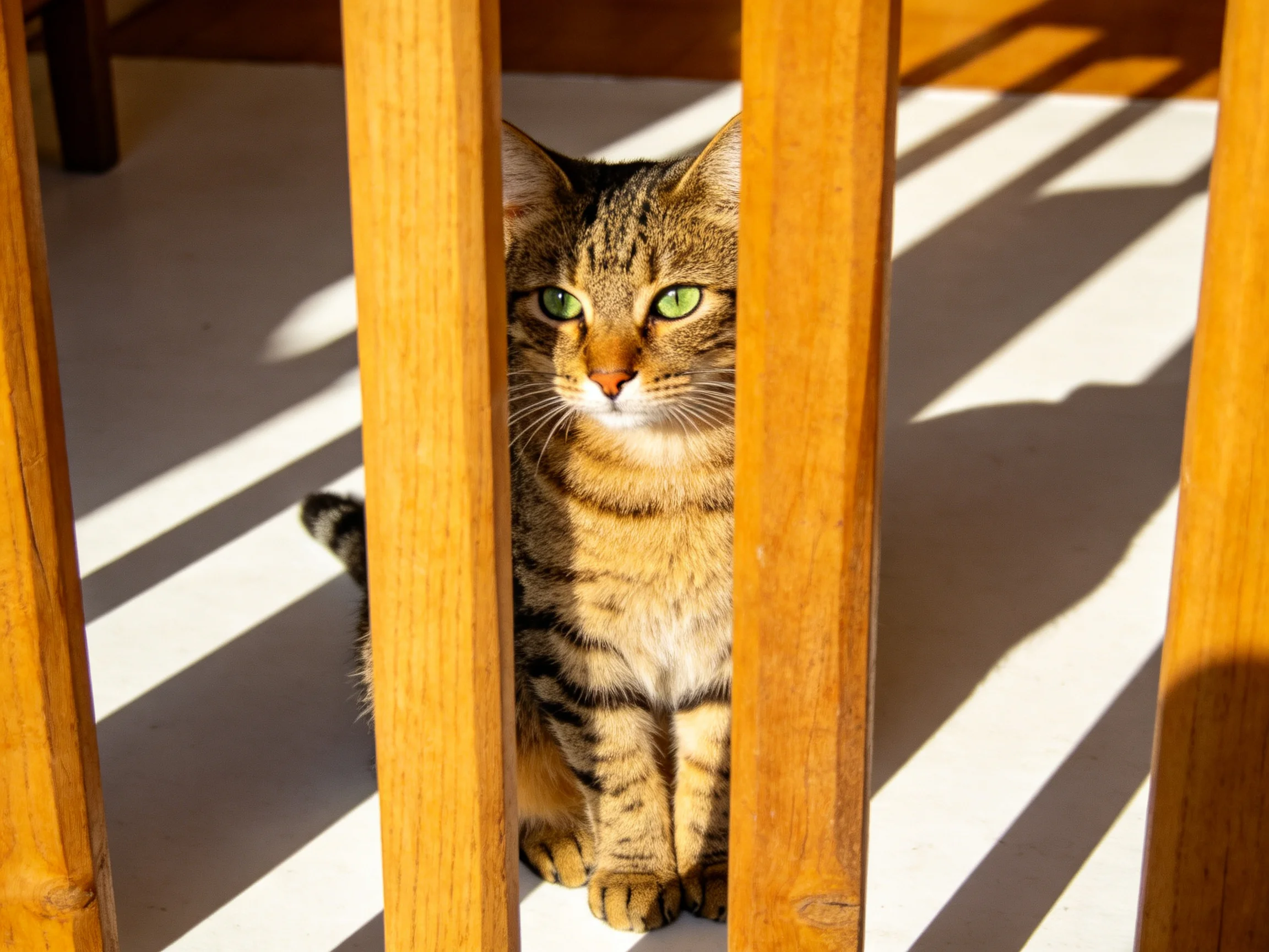 A striped tabby cat peeks through golden wooden slats with green eyes