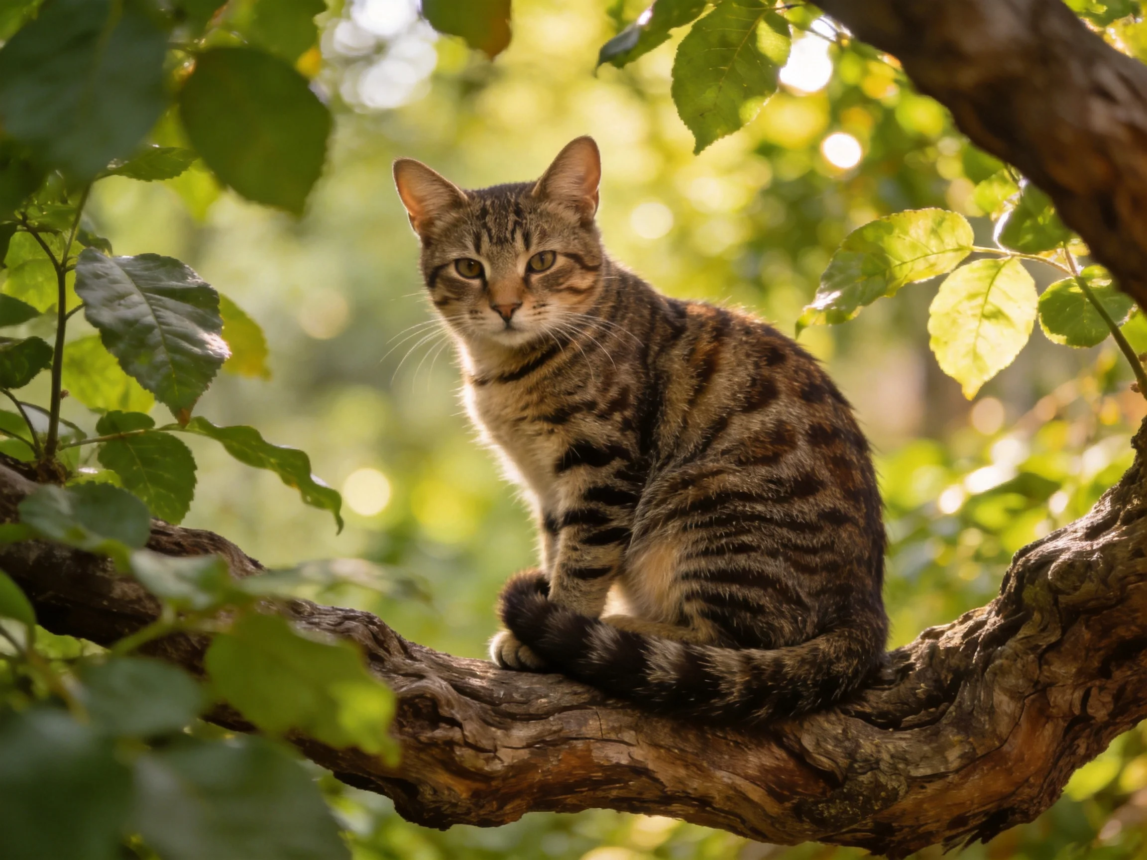 A striped tabby cat perched on a gnarled tree branch amid lush foliage
