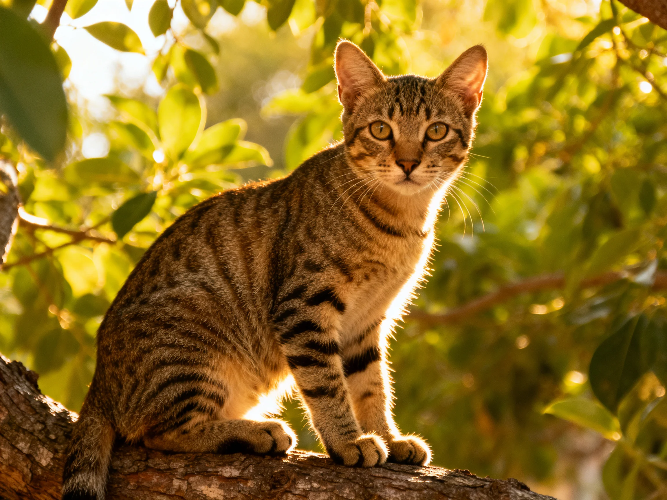 A striped tabby cat sits on a tree branch surrounded by green foliage.