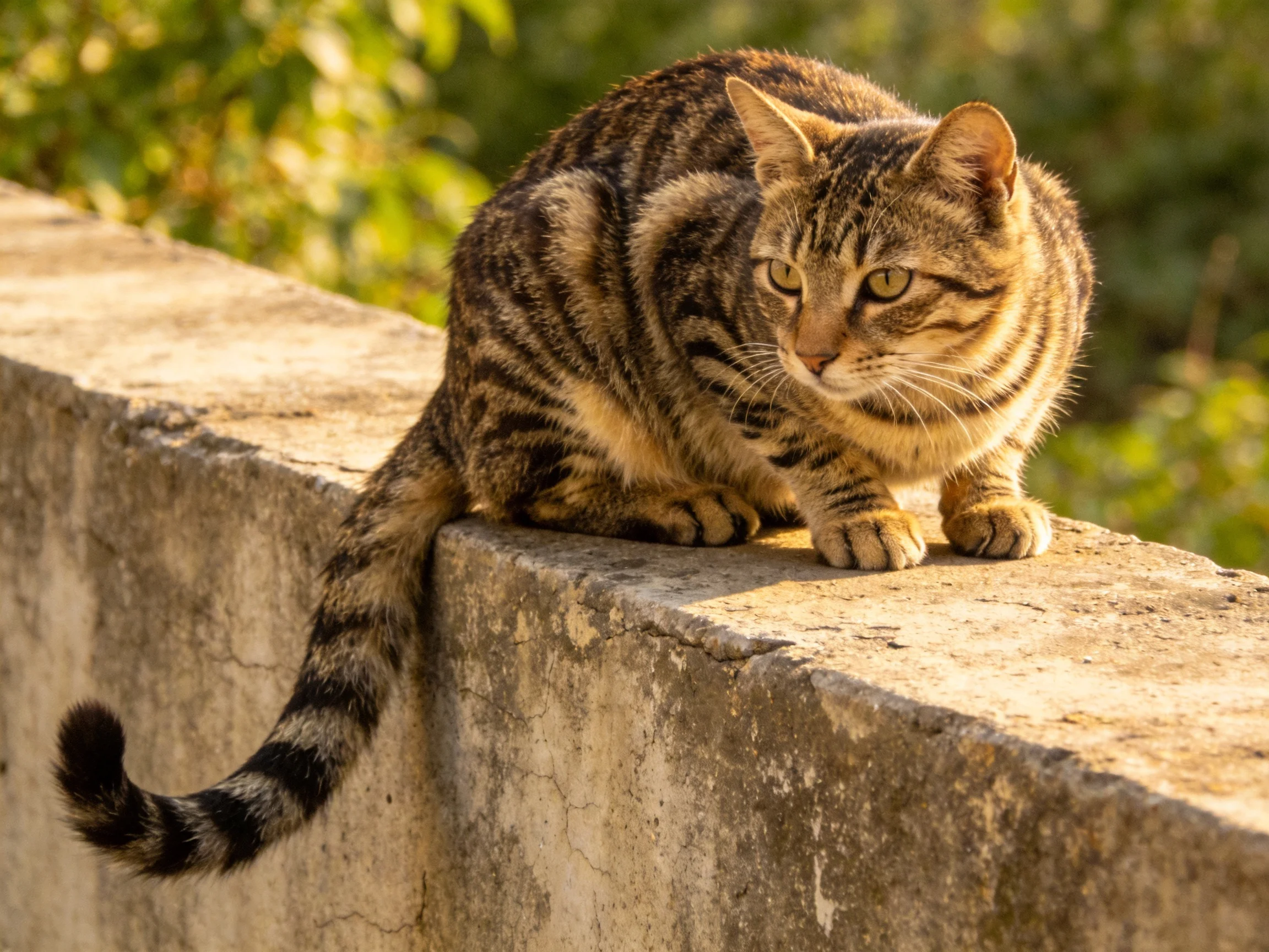 A striped tabby cat perches on a weathered concrete ledge near green foliage