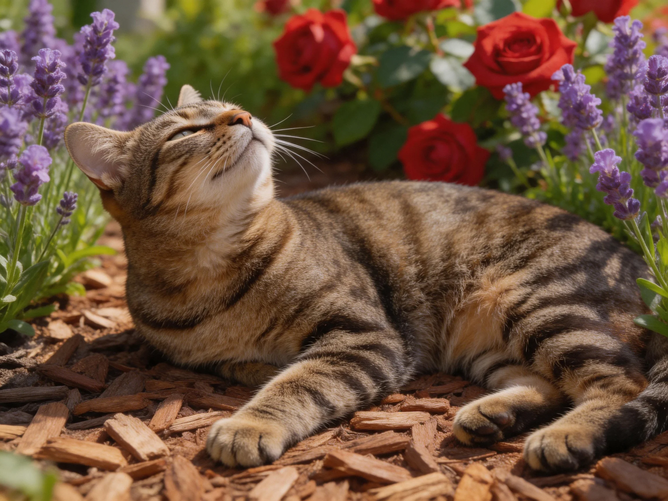 A tabby cat rests in a garden with lavender and rose bushes.