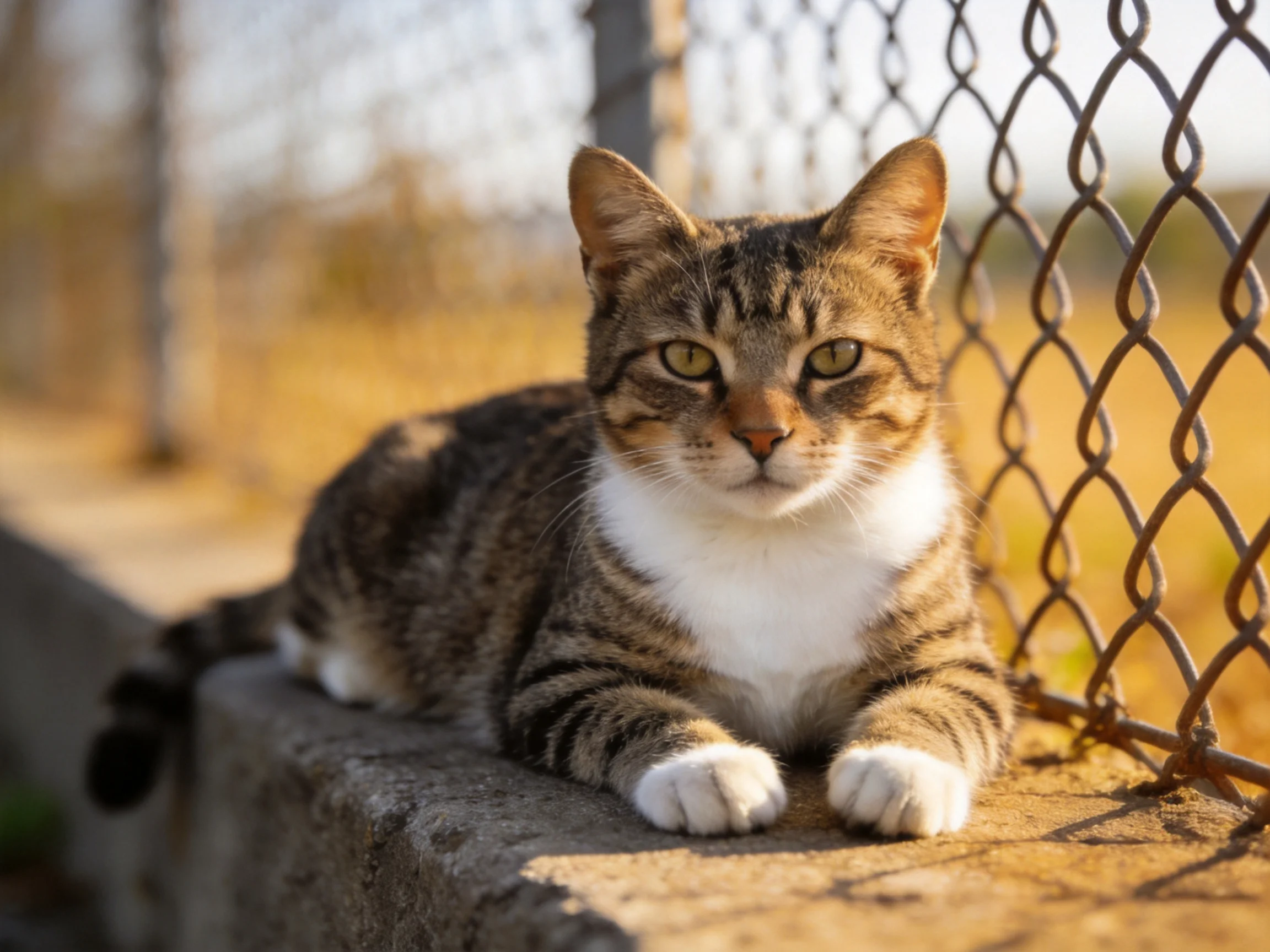 A striped tabby cat relaxes next to an aged chain-link fence