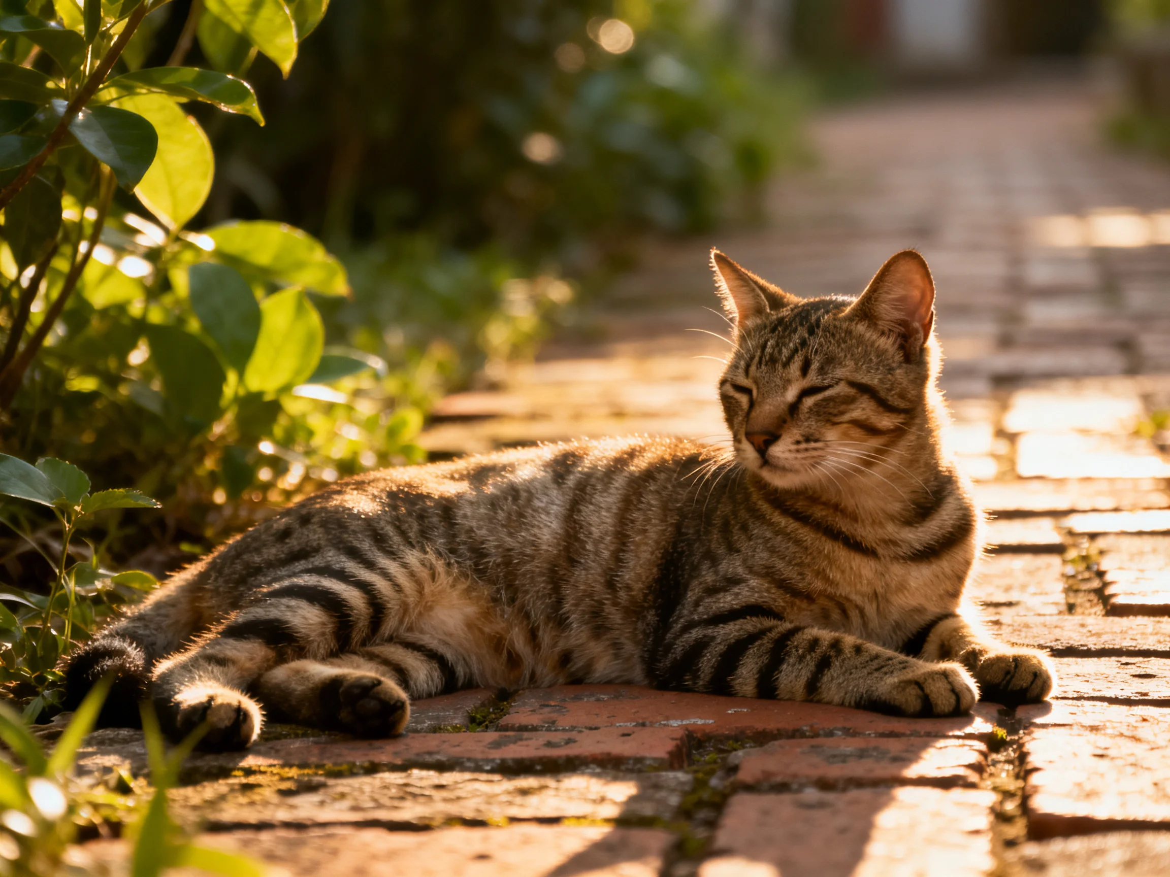 A tabby cat enjoys the sunlight on a brick path near greenery.