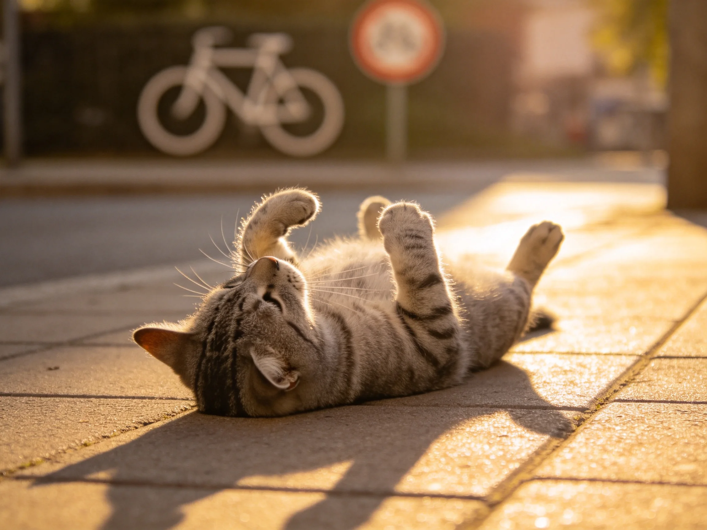 A tabby cat lies relaxed on a sunlit sidewalk with a bicycle in the background.