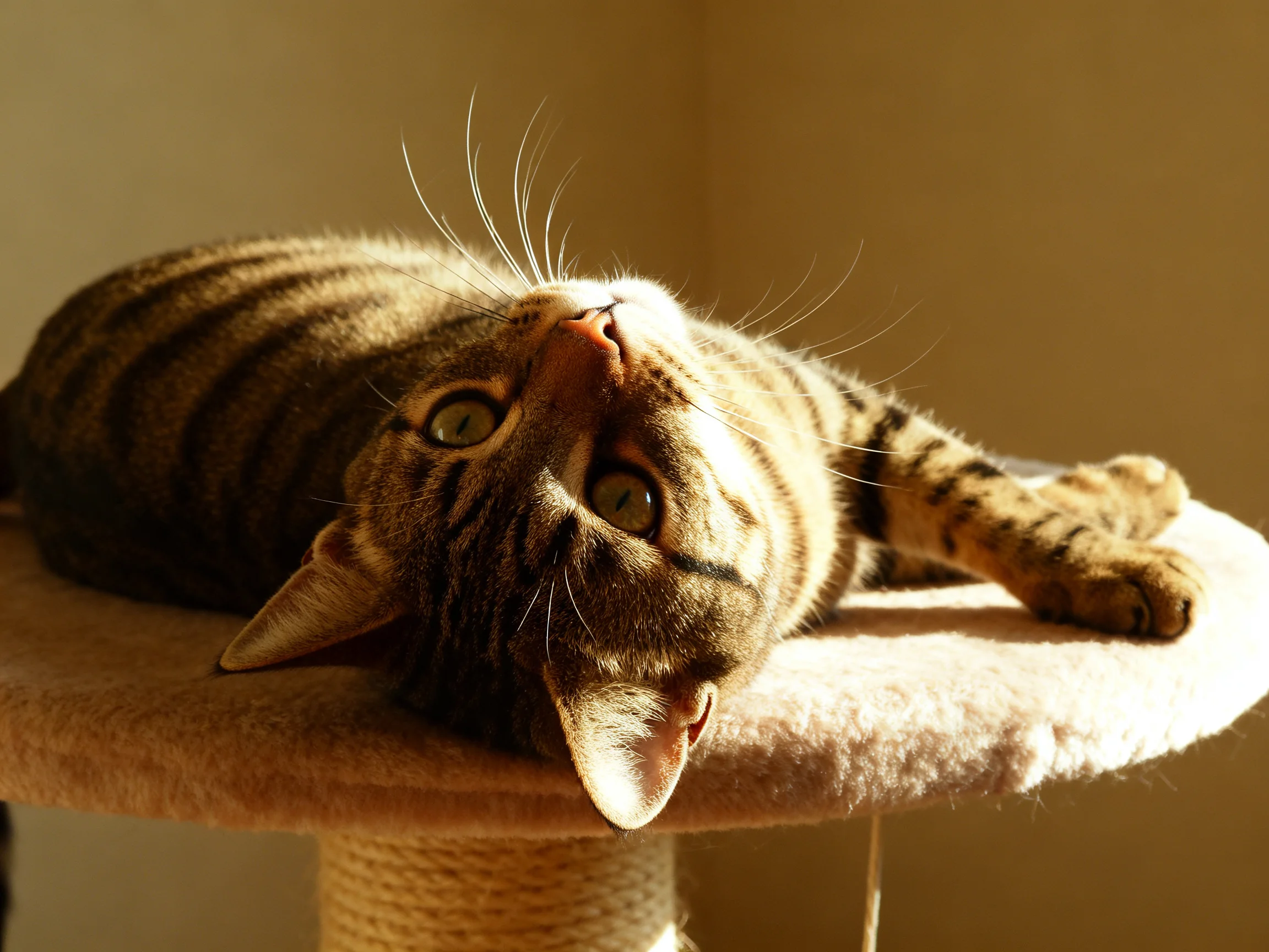 A striped tabby cat relaxing on a plush cat tree in warm sunlight