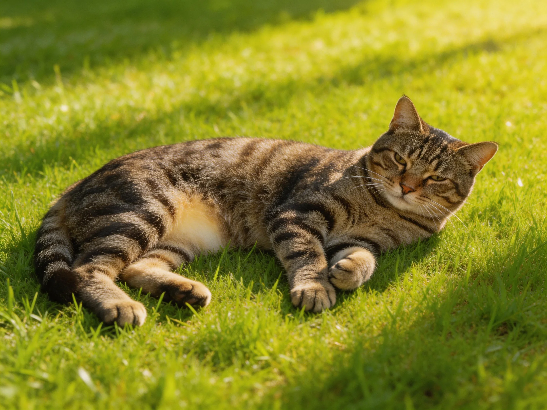 A striped tabby cat relaxing on lush green grass