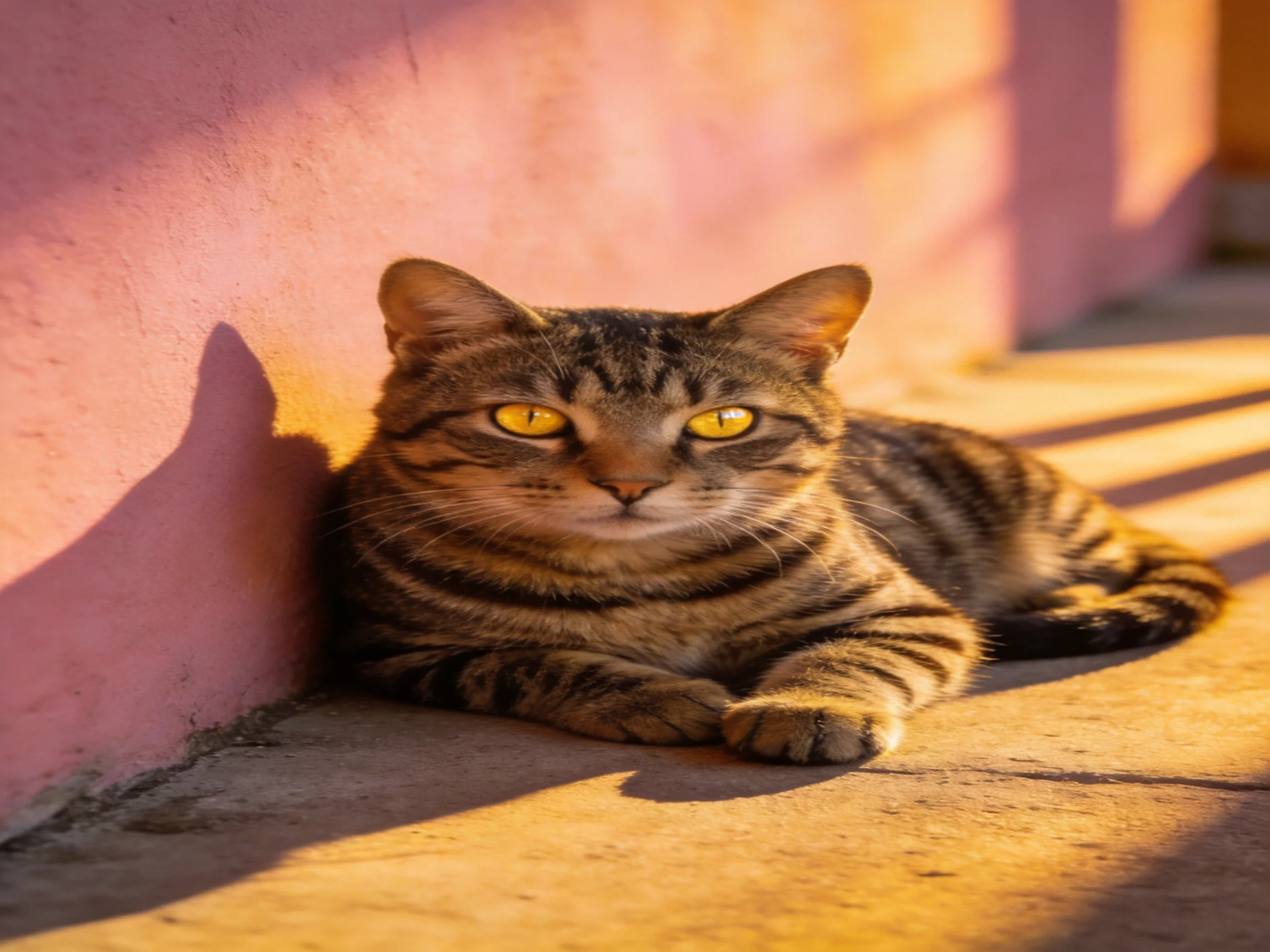 A striped tabby cat resting against a pink wall in golden sunlight