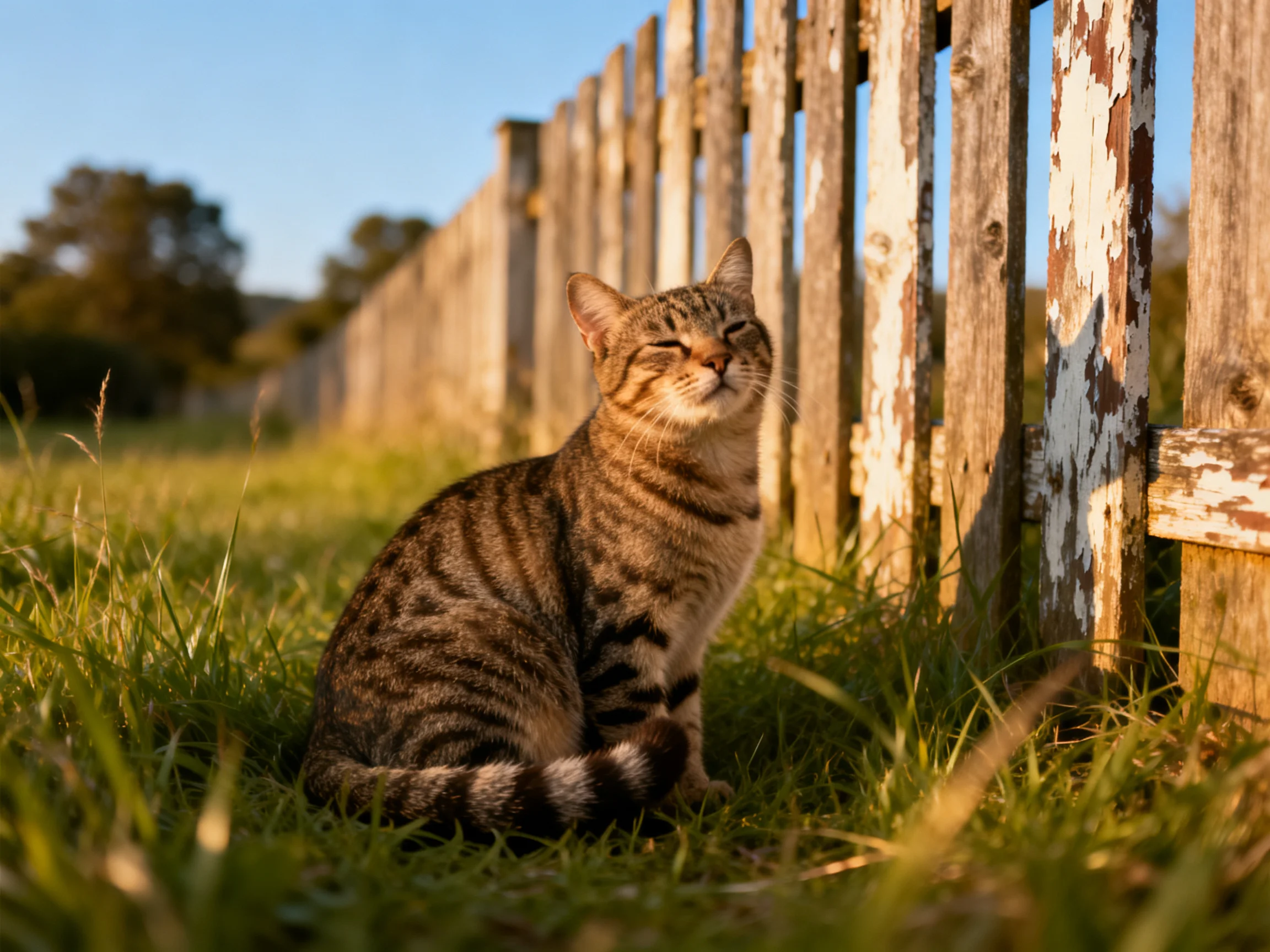 A striped tabby cat resting beside a weathered wooden fence under warm sunlight
