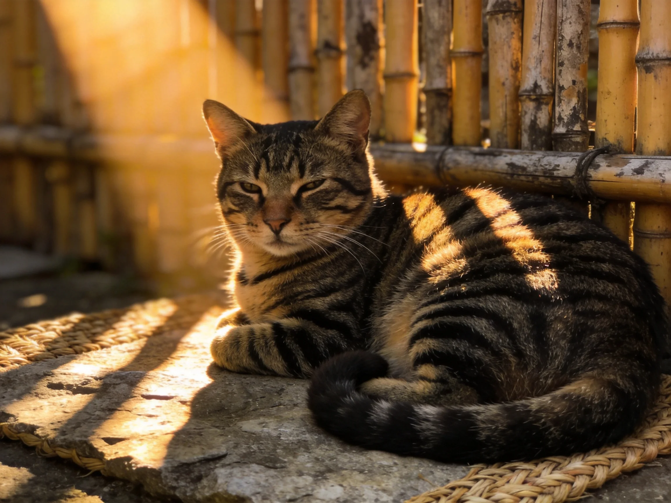 A striped tabby cat resting by a bamboo fence in golden sunlight