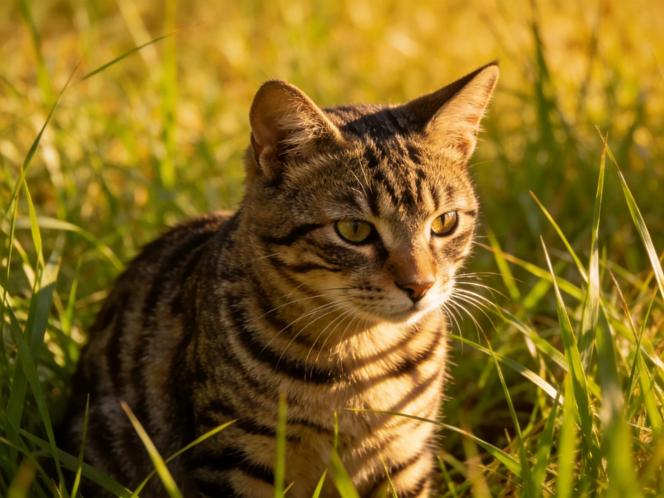 A striped tabby cat resting in golden-hued tall grass