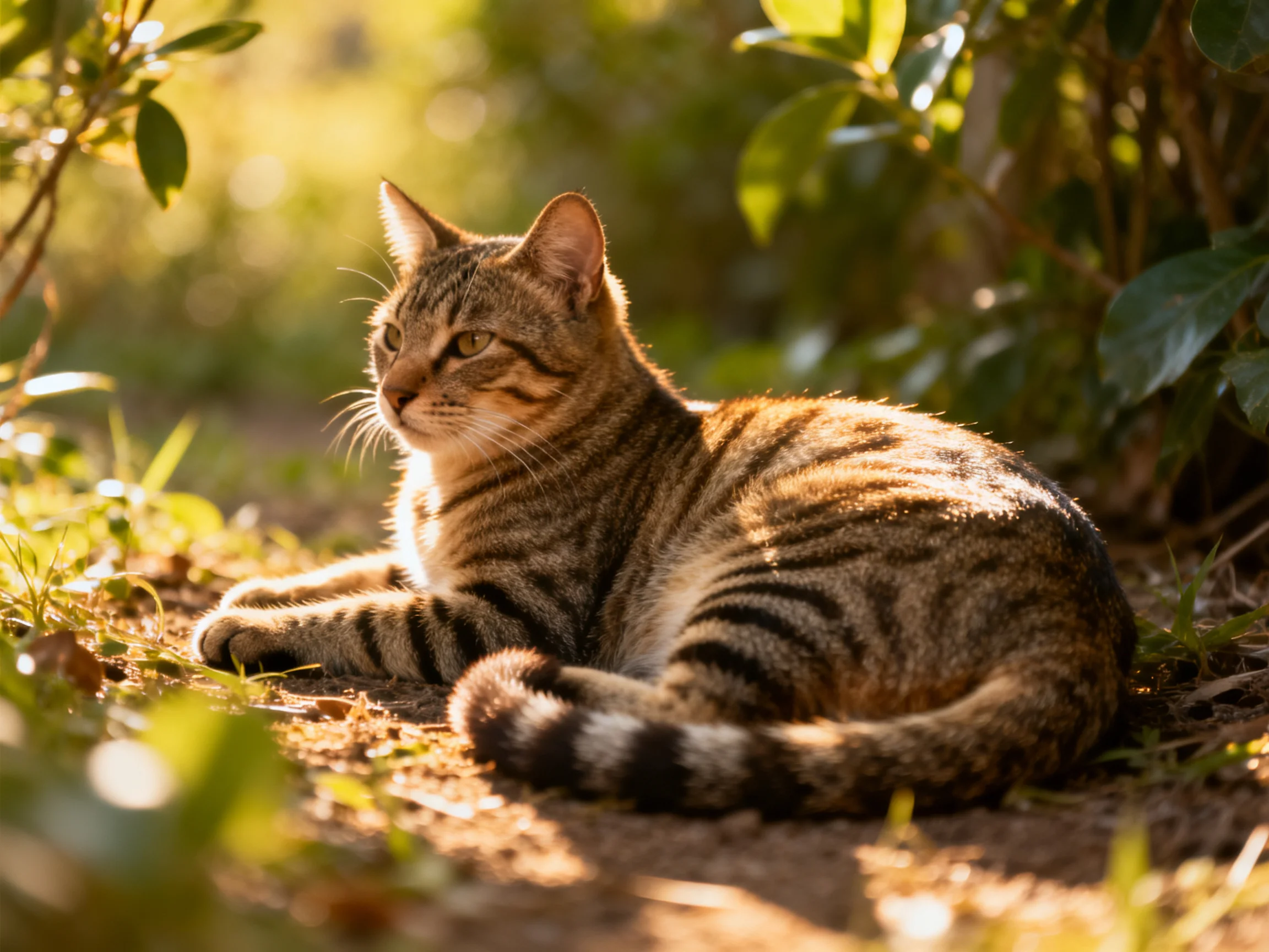 A tabby cat relaxes in a sunlit outdoor setting.