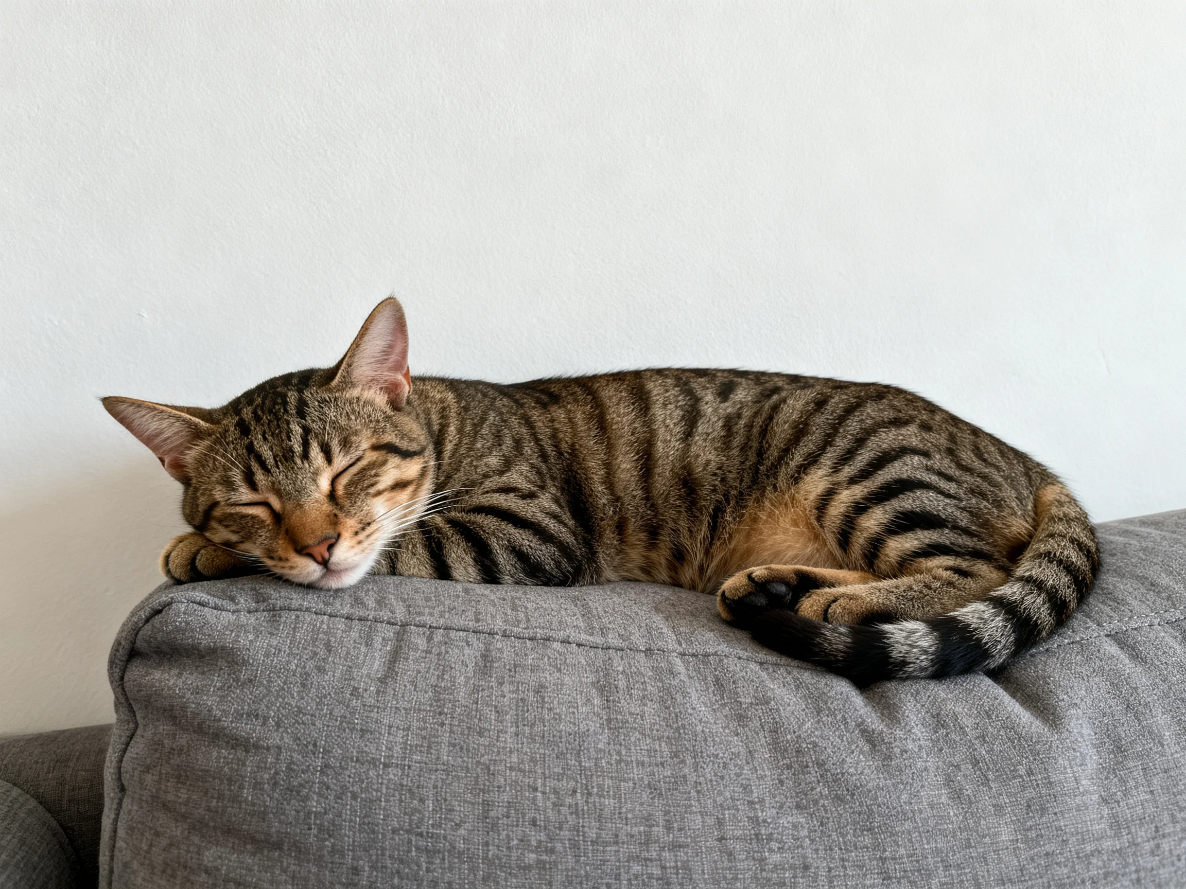 A tabby cat rests on a gray couch near a white wall.