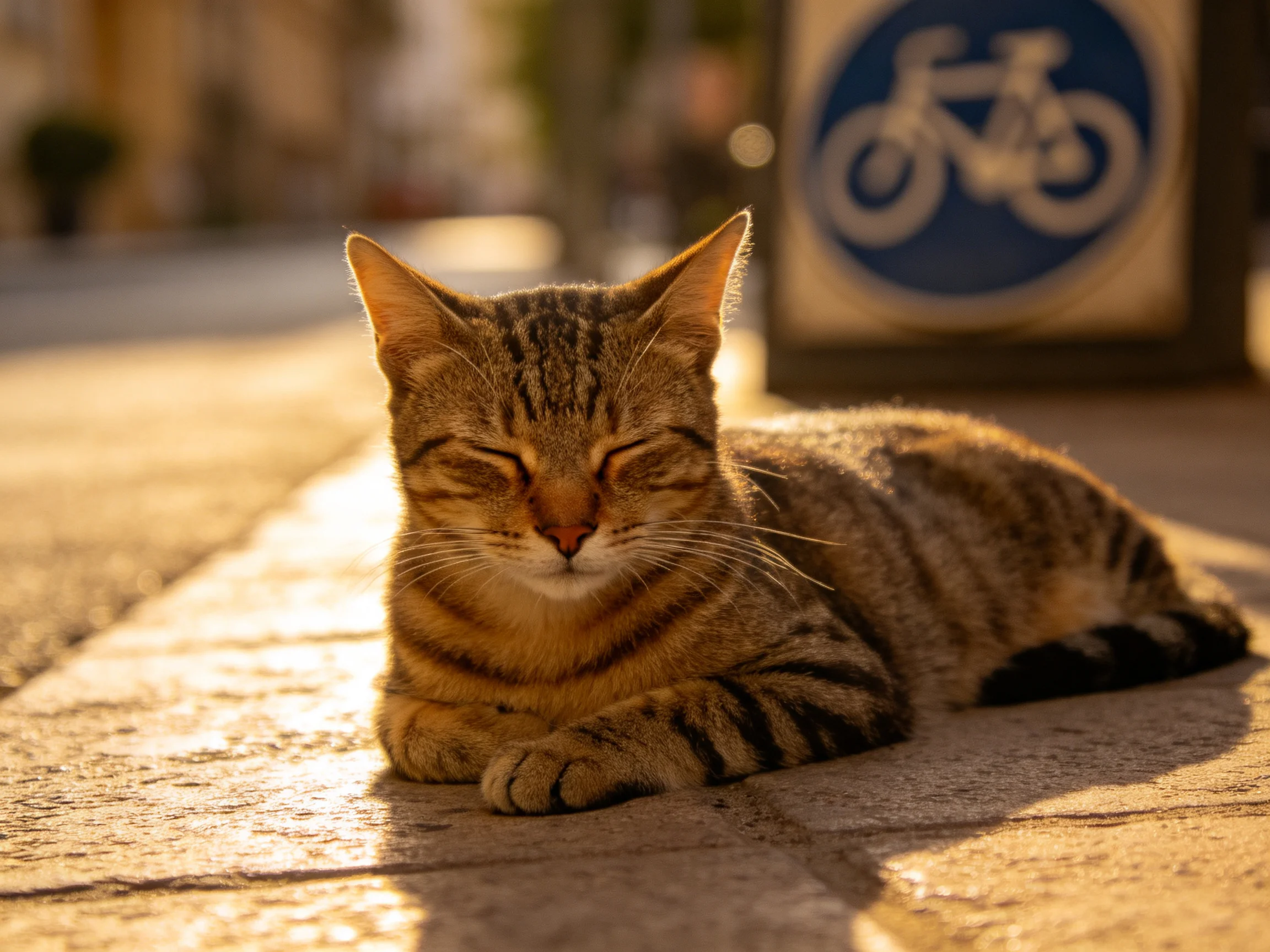 A tabby cat relaxes on a sunlit pavement near a bicycle sign.