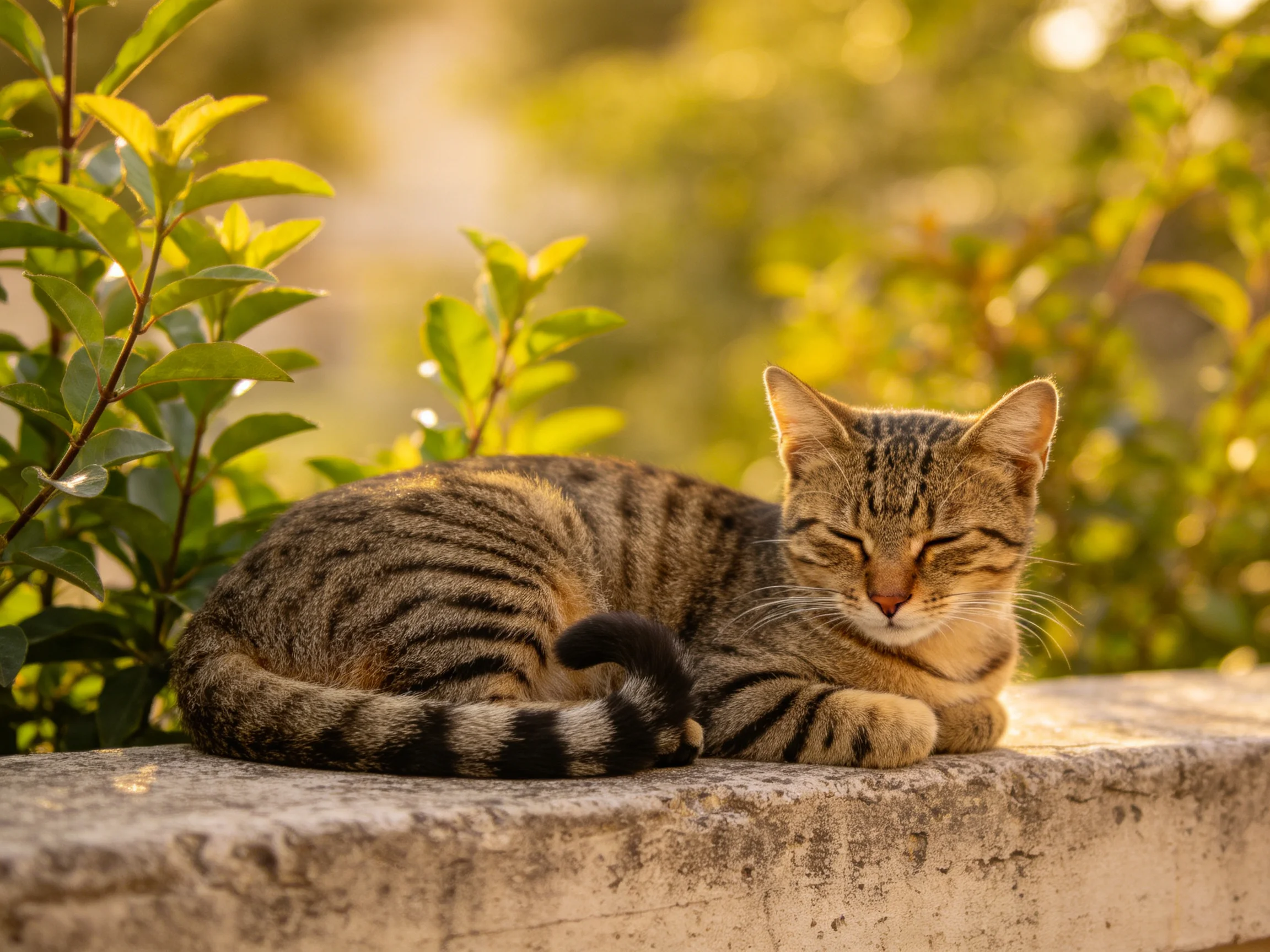A striped tabby cat resting on a weathered stone ledge amid lush green foliage