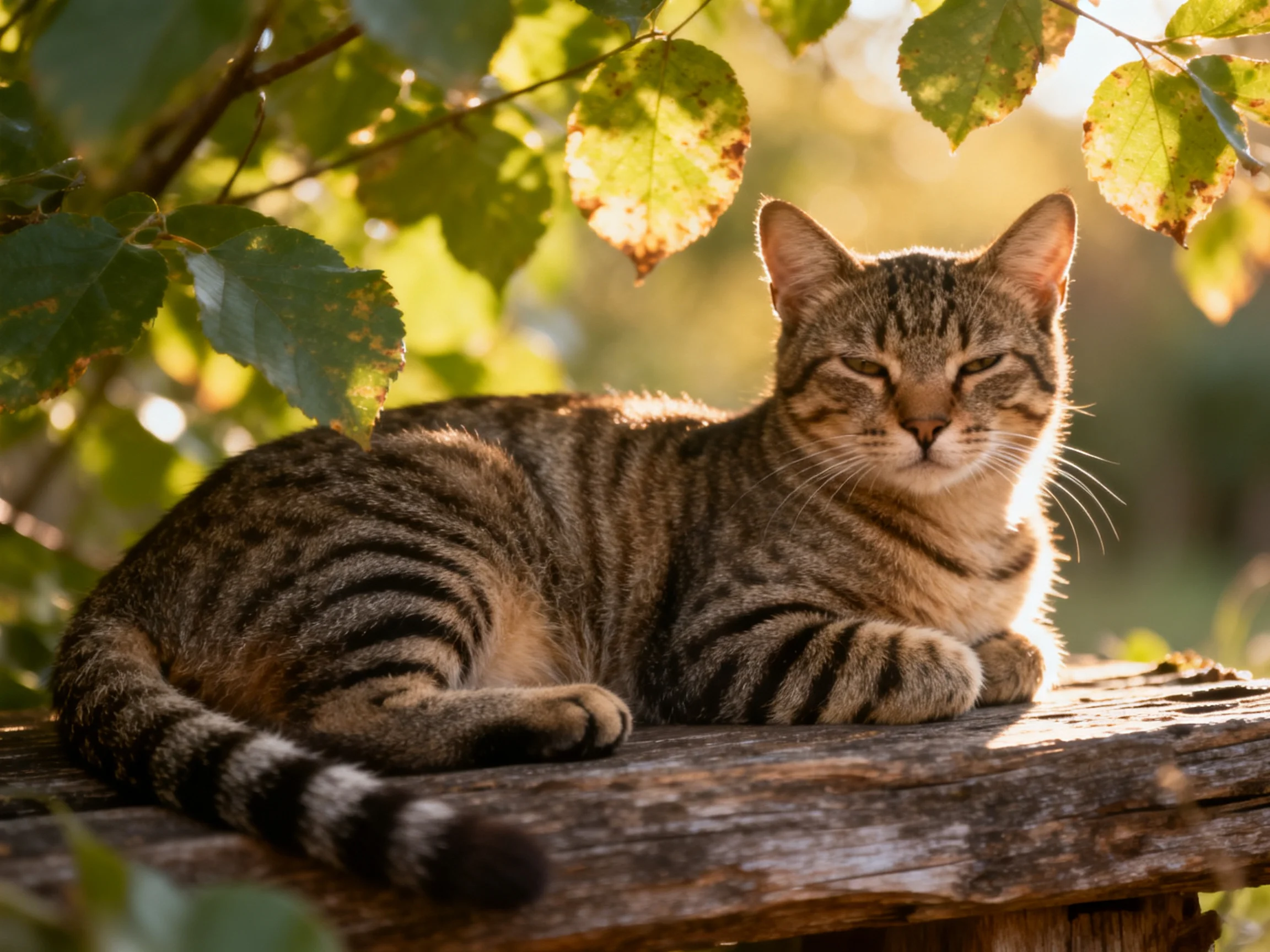 A striped tabby cat resting on a weathered wooden plank amid green foliage
