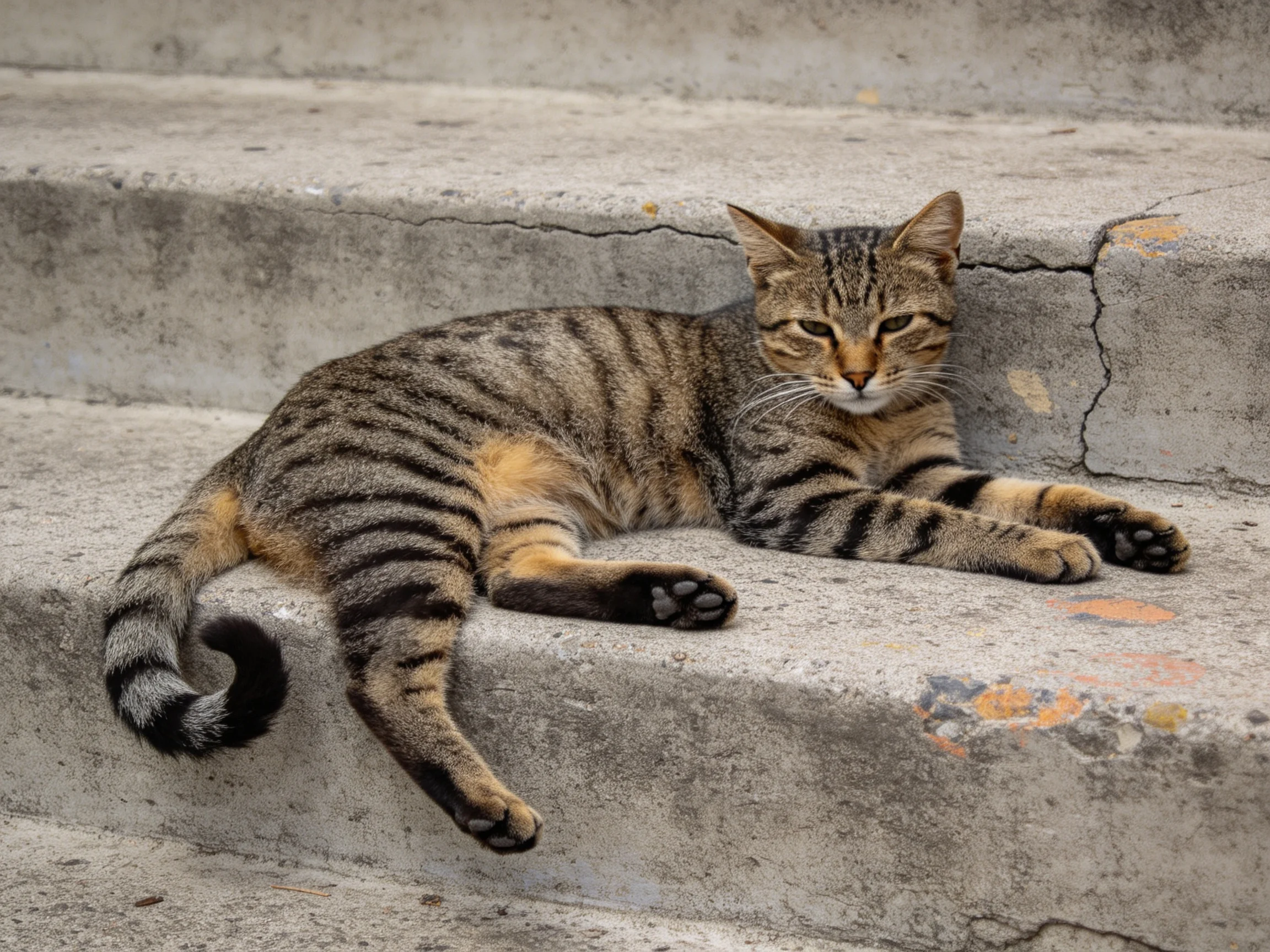 A striped tabby cat resting on aged concrete steps