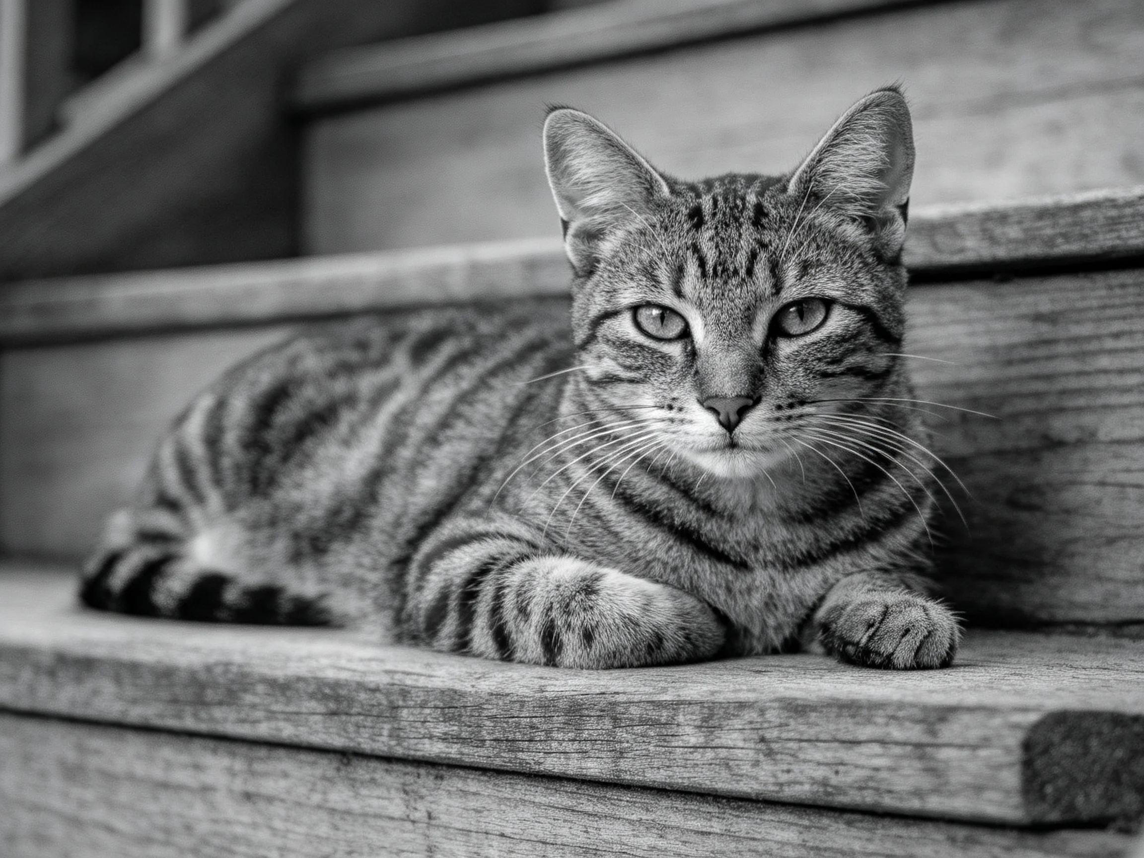 A striped tabby cat resting on weathered wooden steps