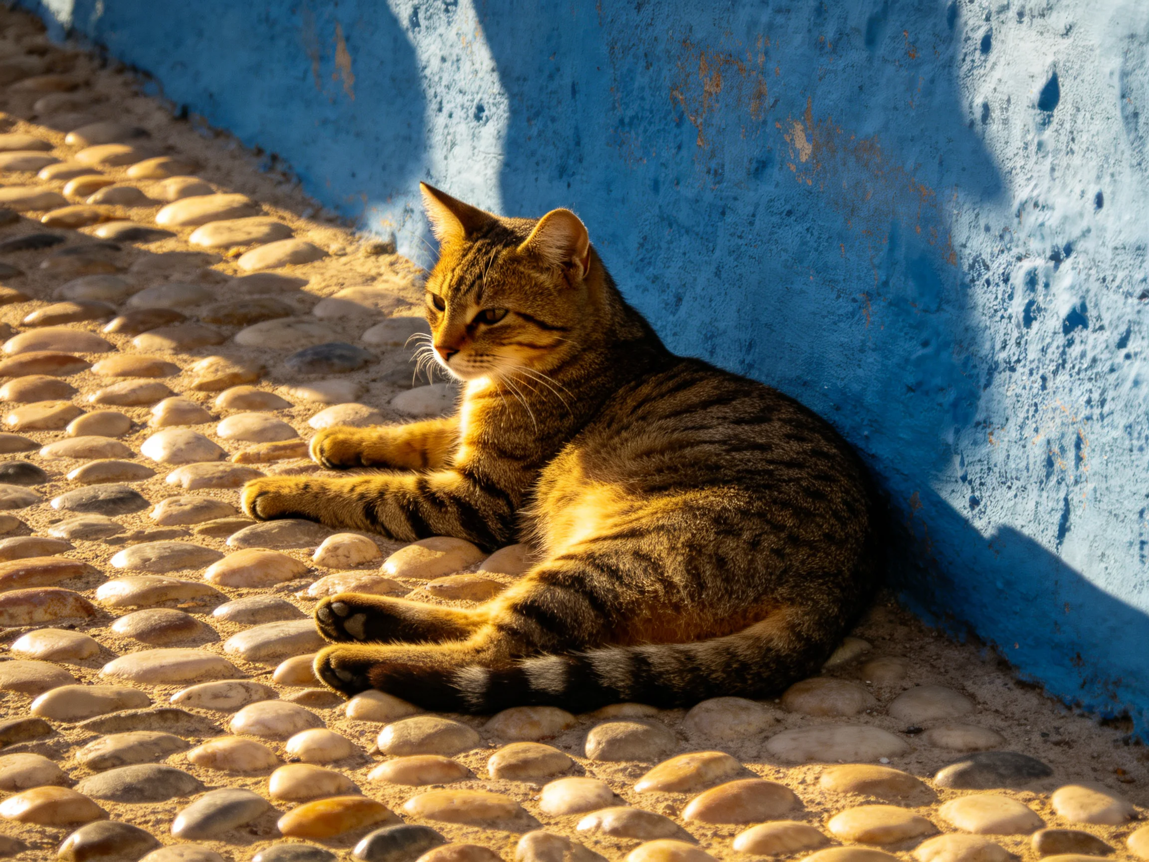 A striped tabby cat rests against a textured blue wall on a pebbled path