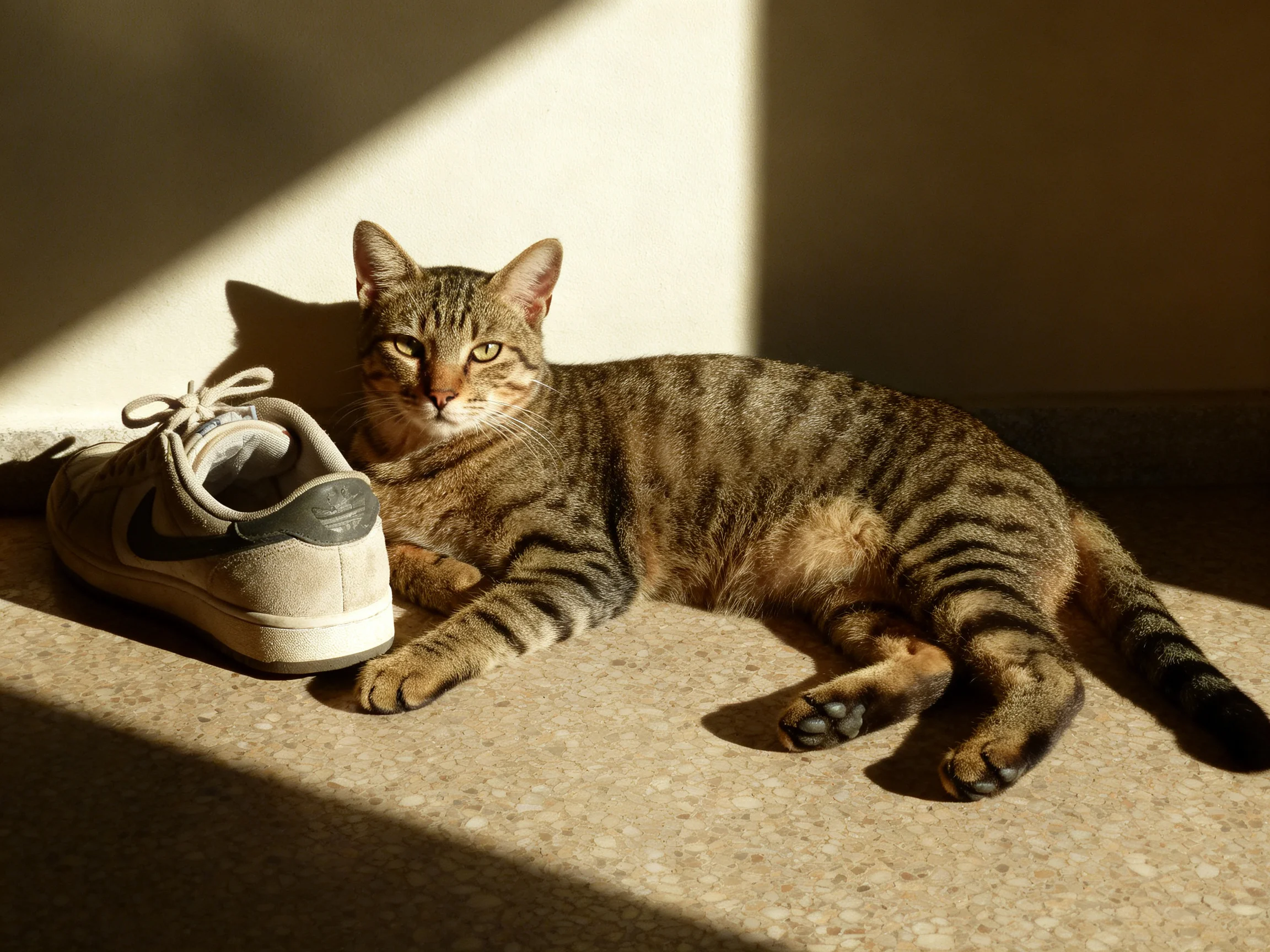 A striped tabby cat relaxes next to a gray sneaker in sunlight.