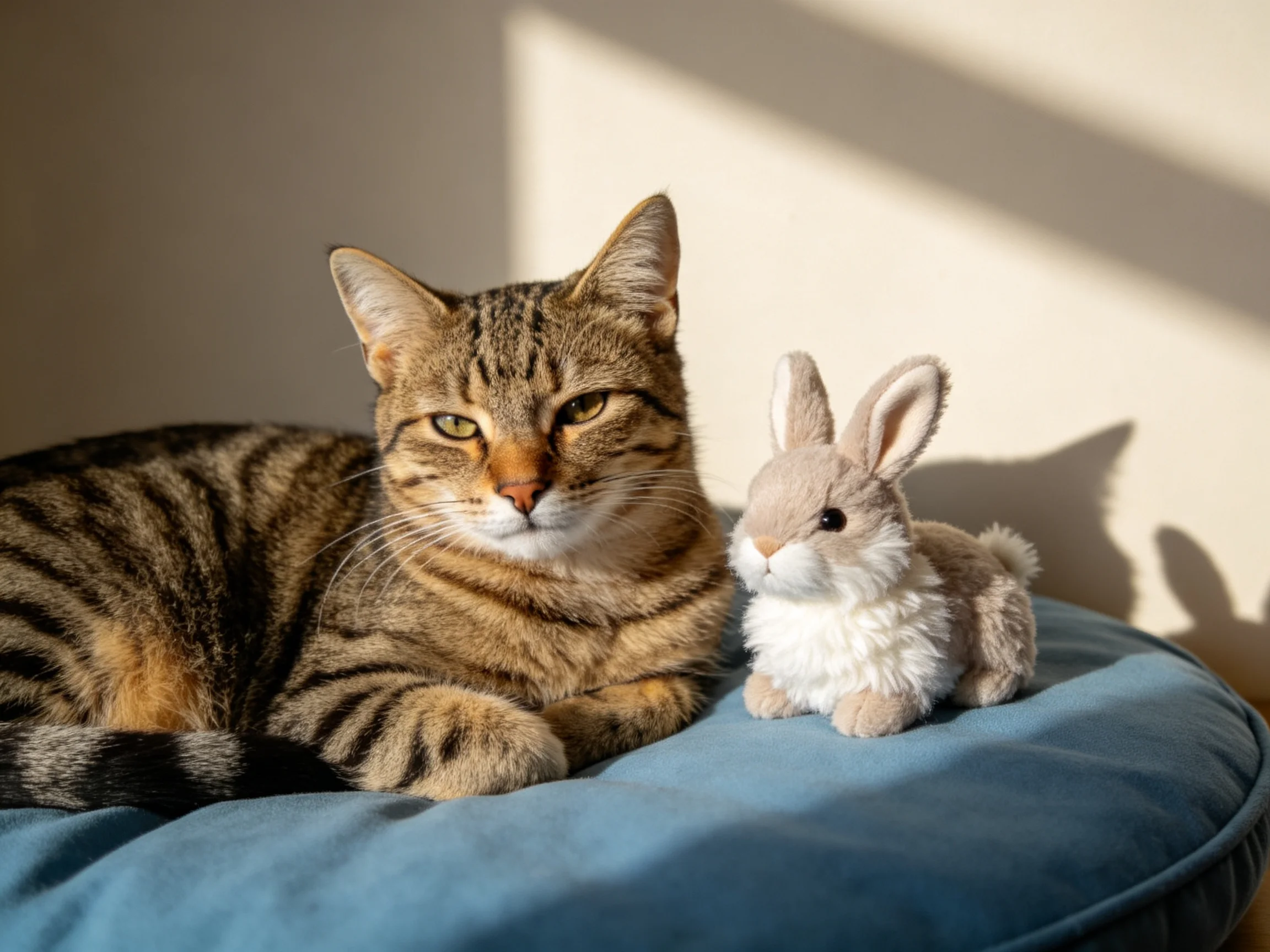 A tabby cat relaxes next to a stuffed bunny on a blue cushion in soft sunlight.