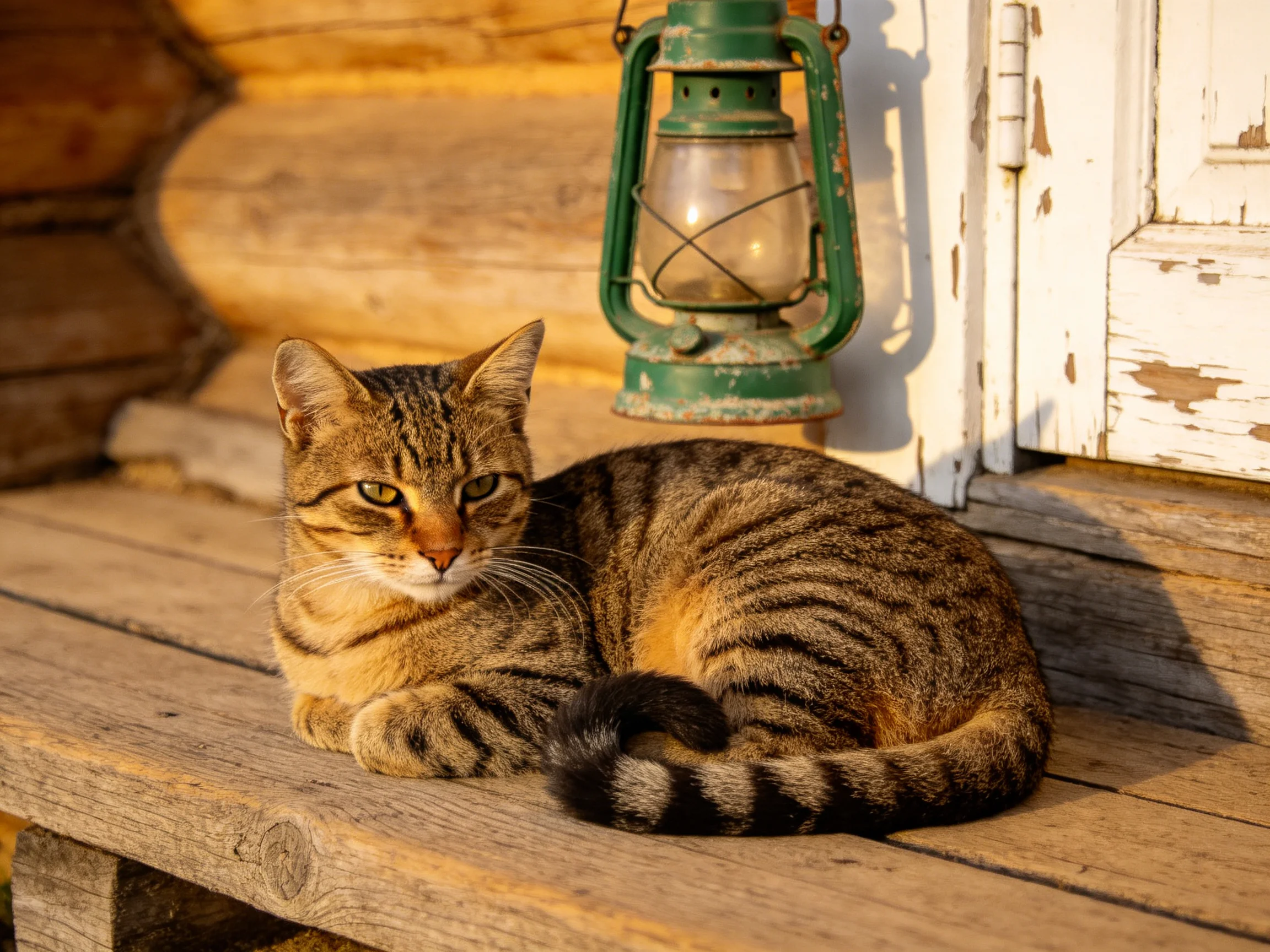 A tabby cat rests near an old green lantern on wooden planks.