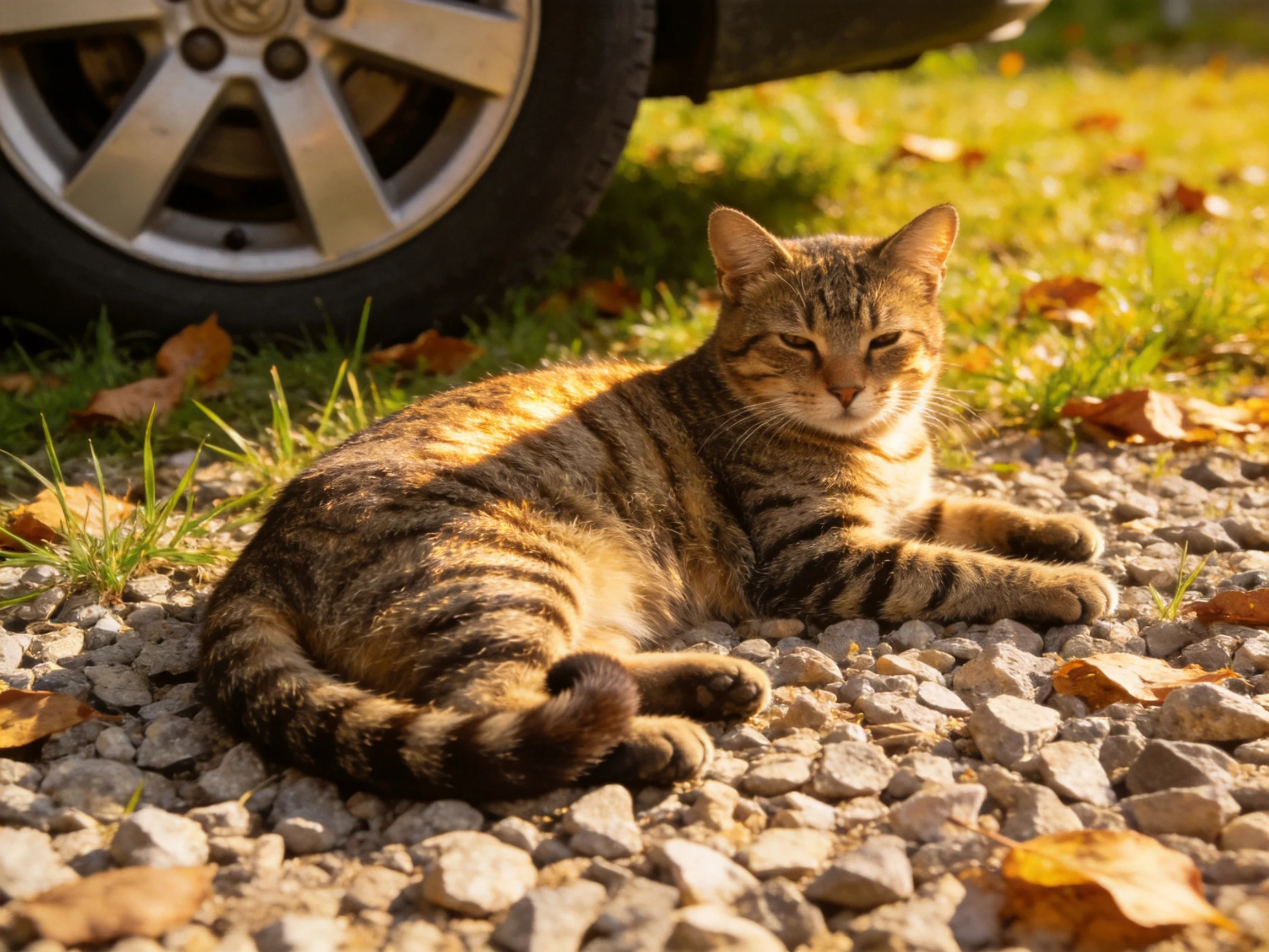 A striped tabby cat relaxes near a car tire on gravel amid scattered autumn leaves.