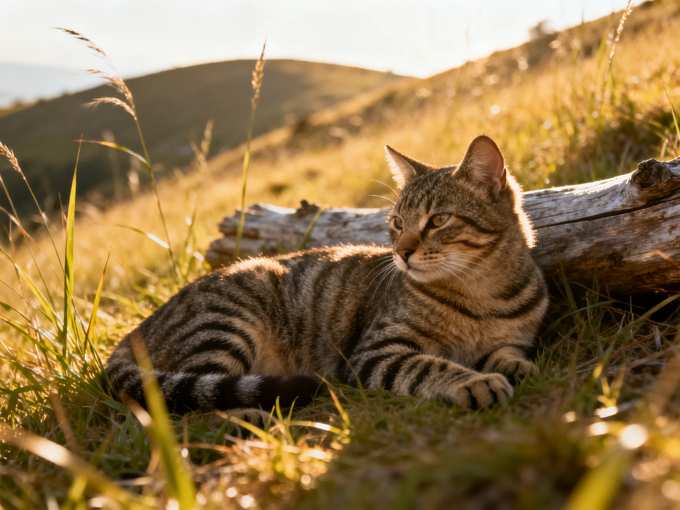 A striped tabby cat relaxes beside a log in a sunlit grassy area.