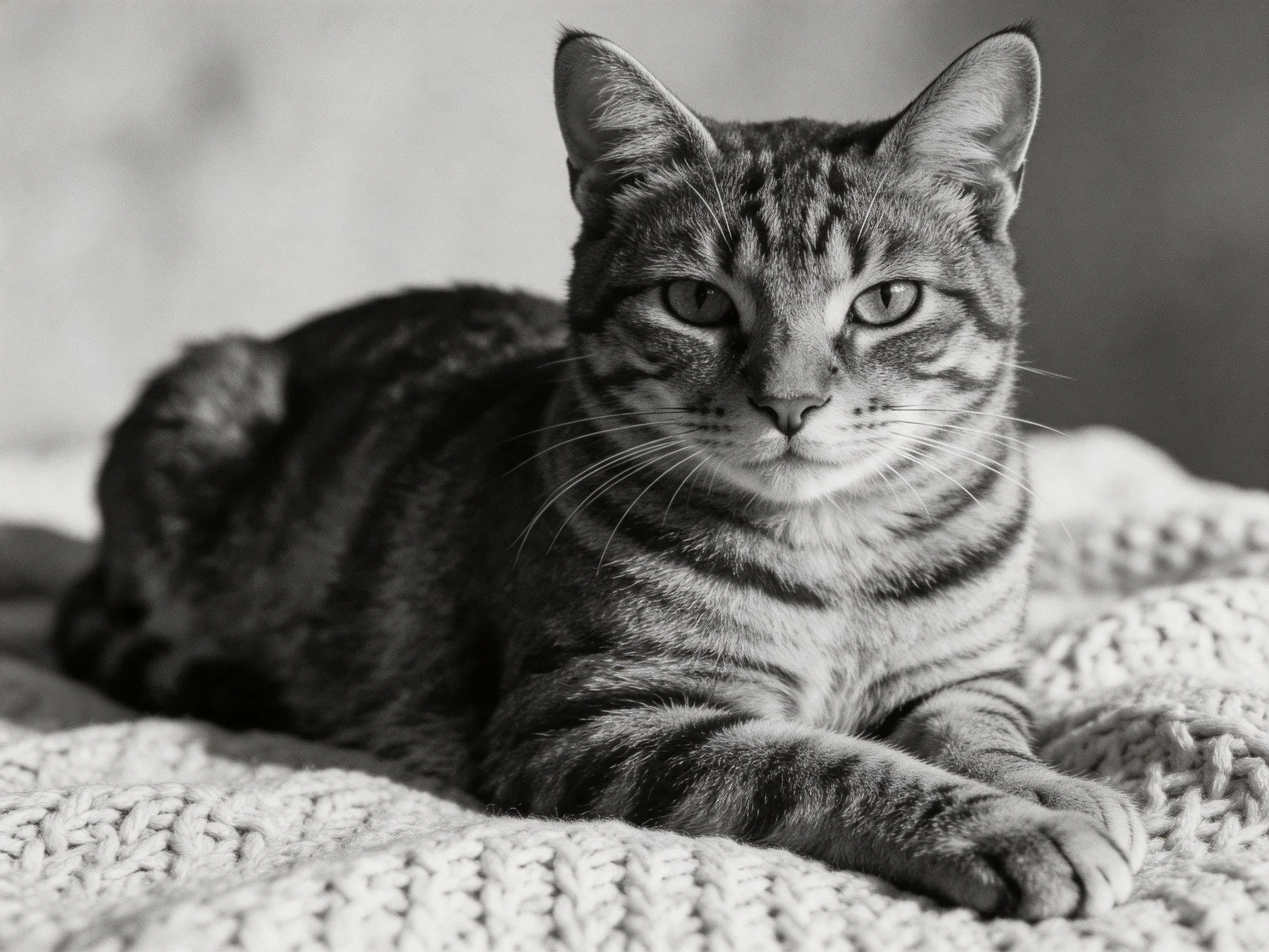 A tabby cat relaxes on a knit blanket in black and white