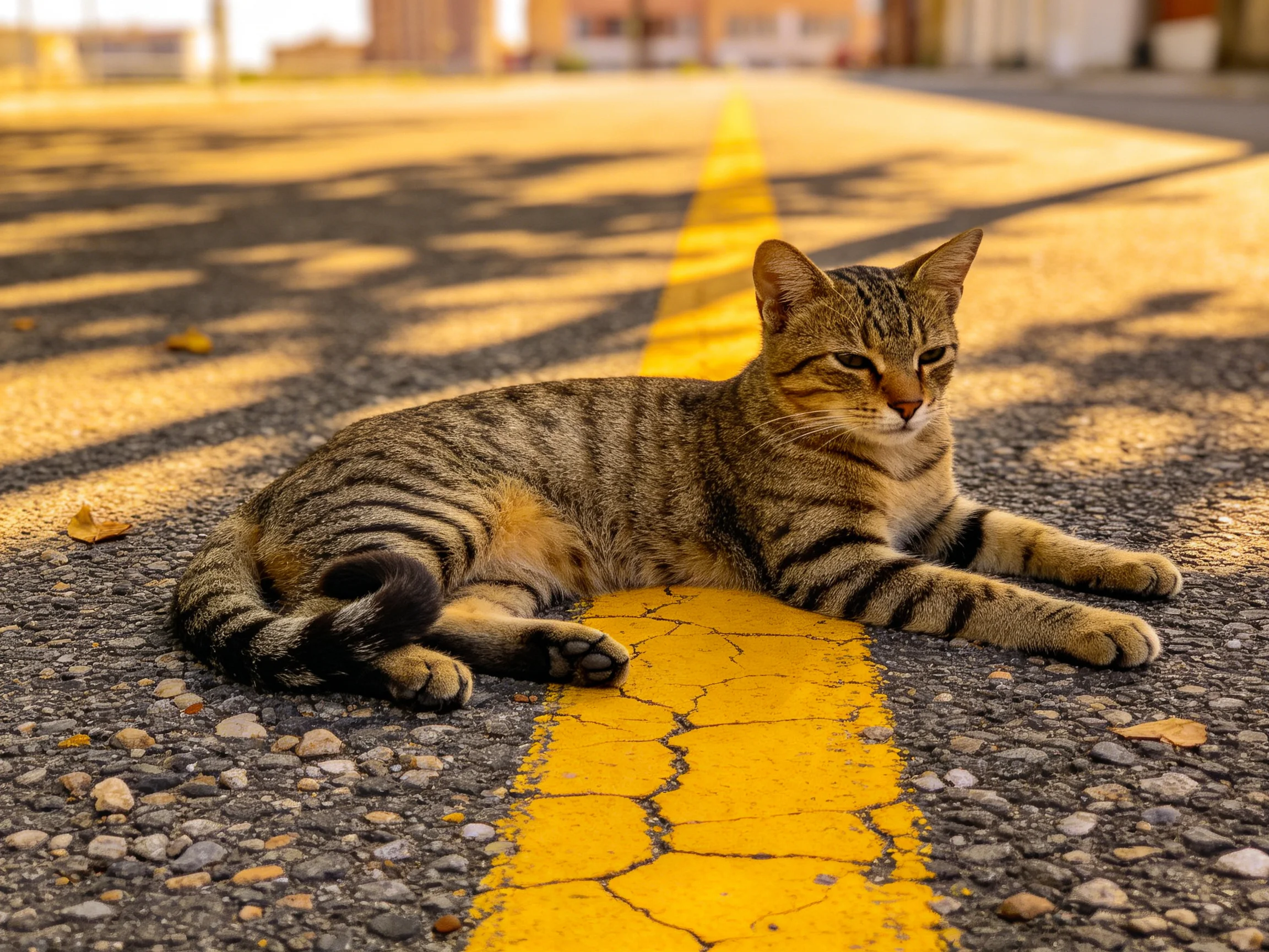 A striped tabby cat rests on a cracked asphalt road with a bright yellow centerline