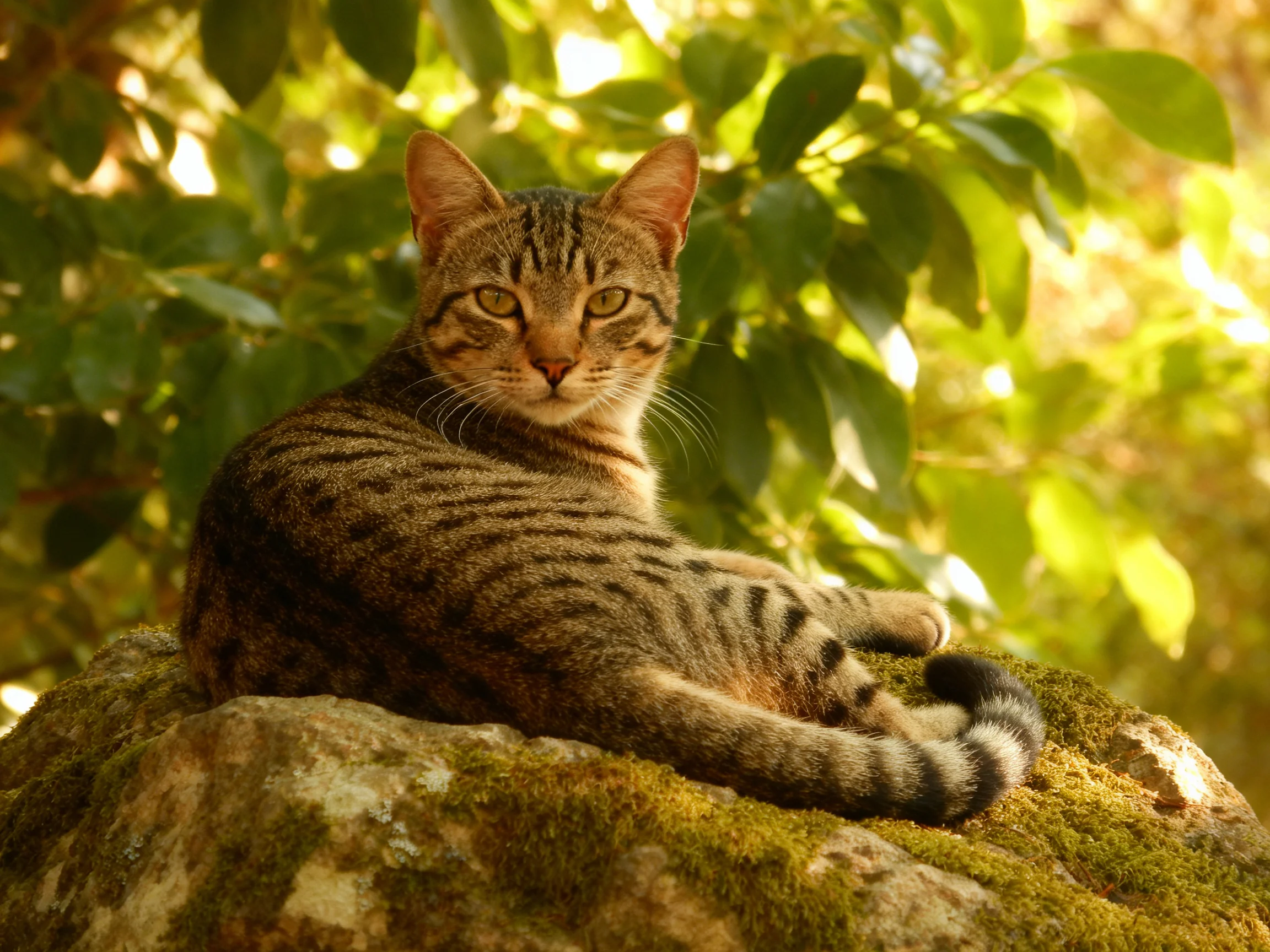 A striped tabby cat rests on a moss-covered rock amid lush greenery