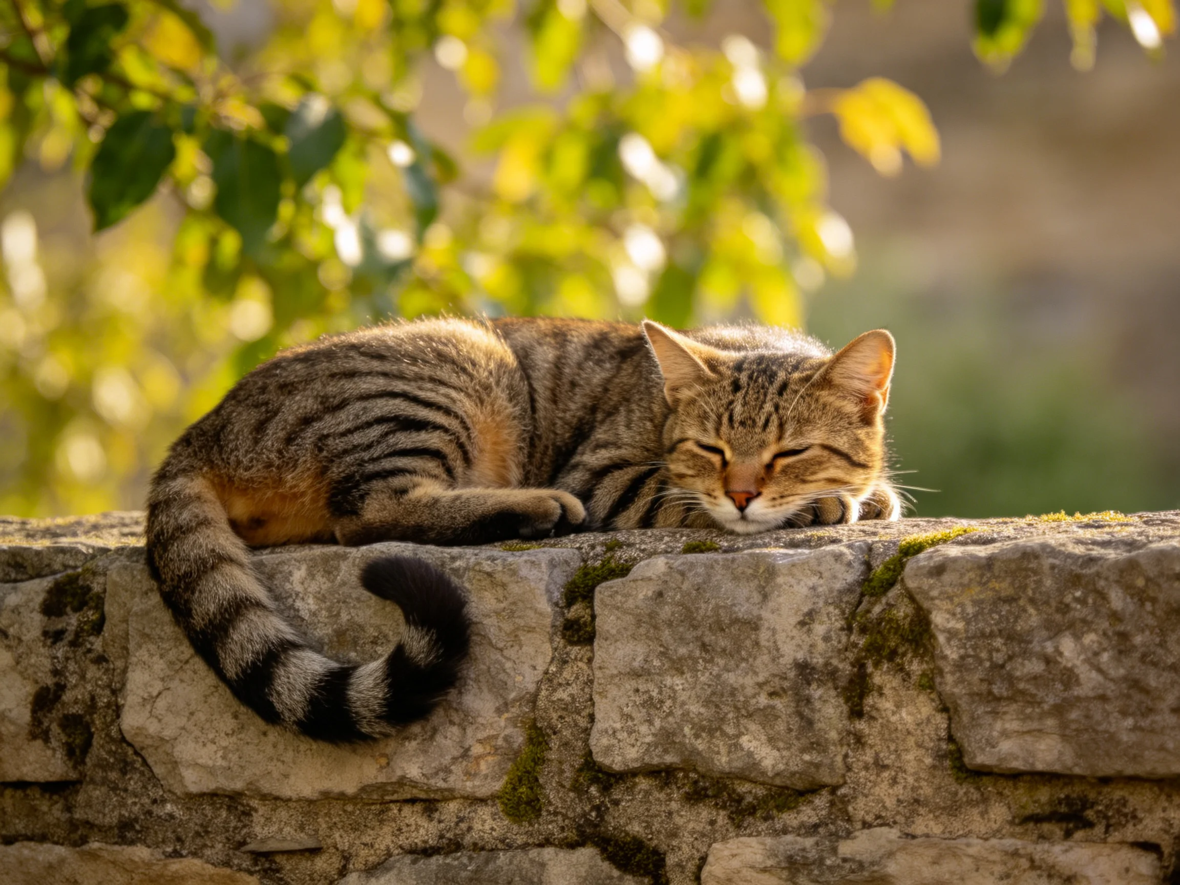A tabby cat naps on a stone wall with greenery in a sunny.