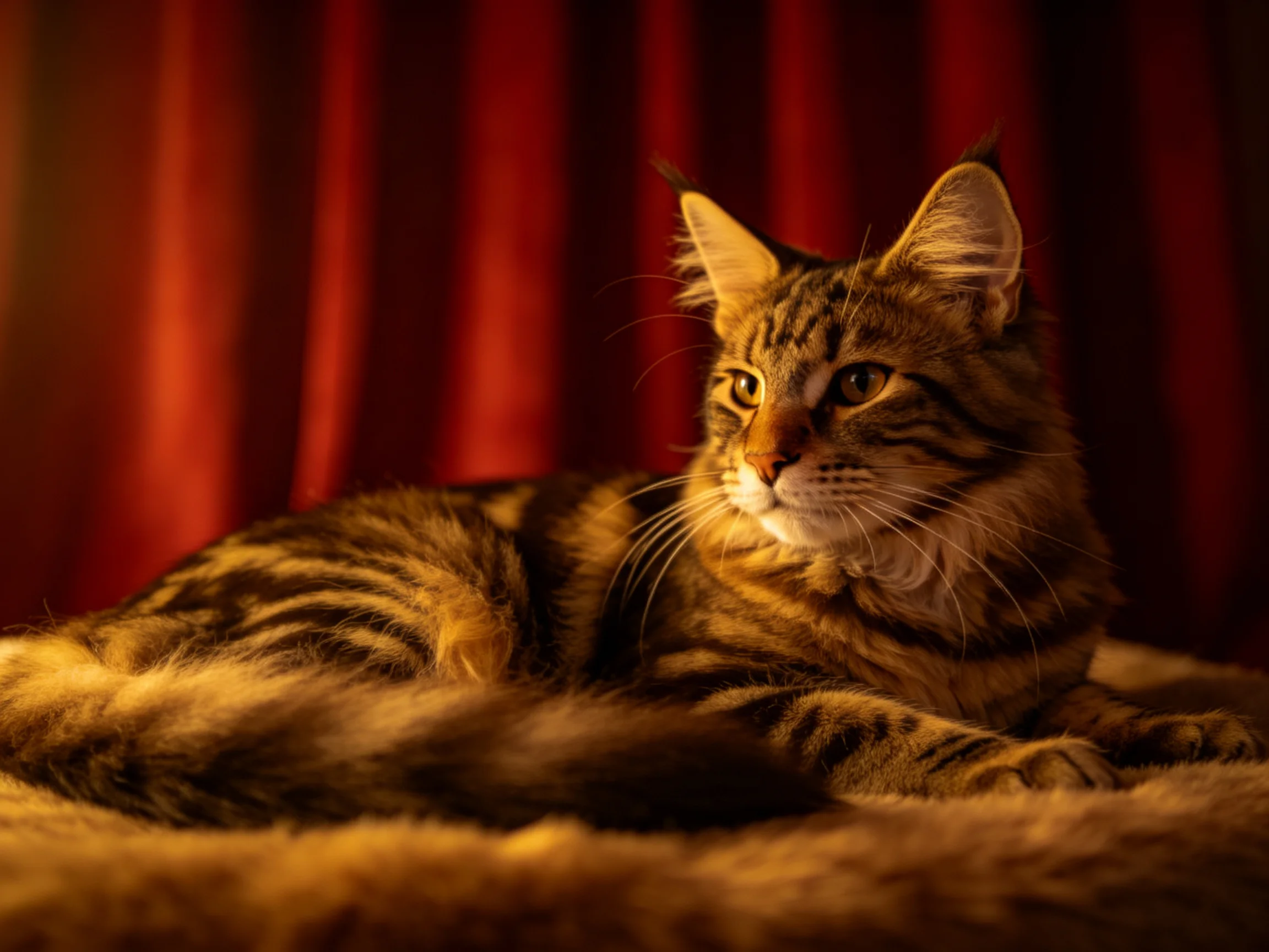 A tabby cat relaxes on a soft surface beside red curtains