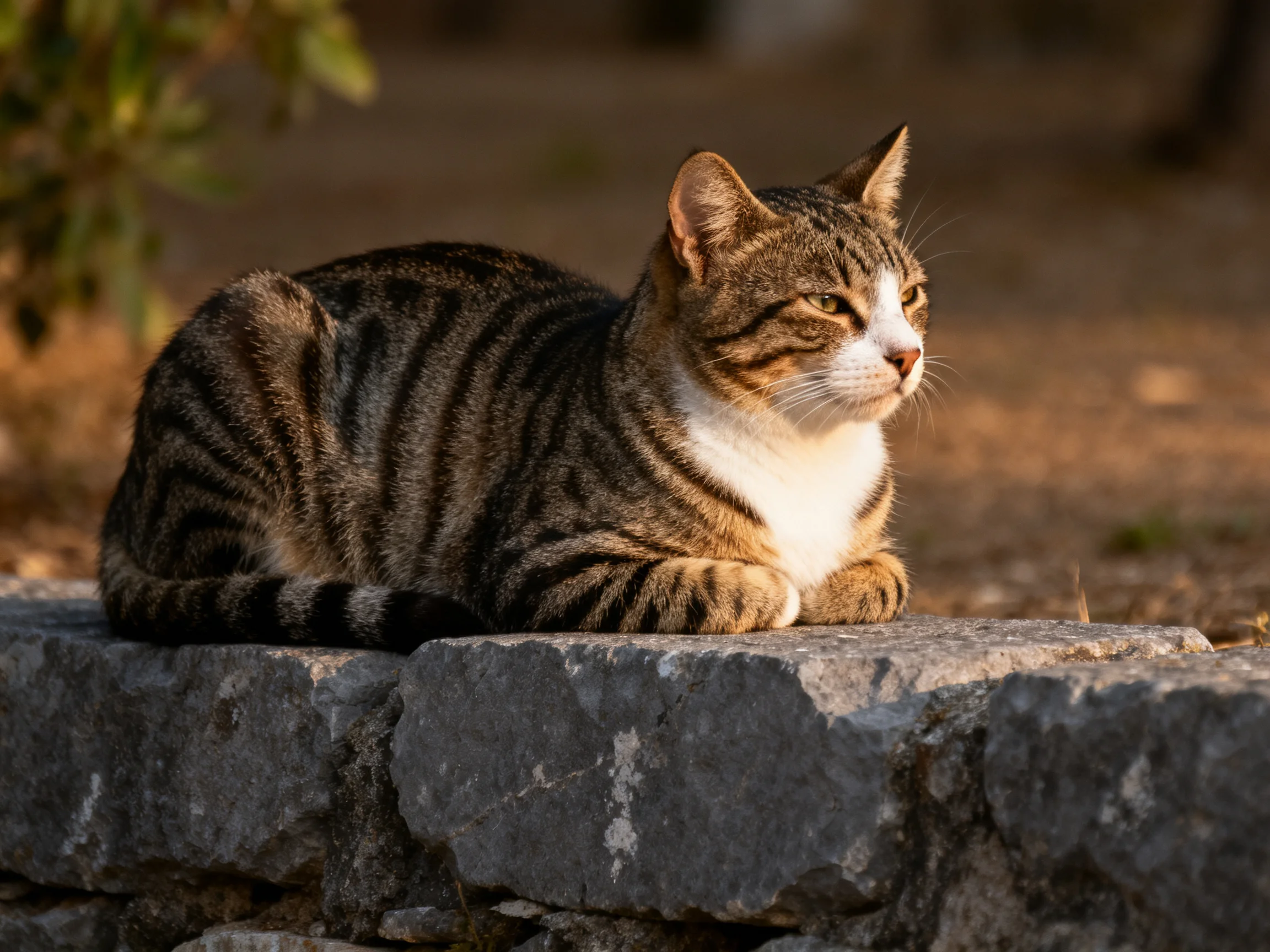 A striped tabby cat rests on a weathered stone wall