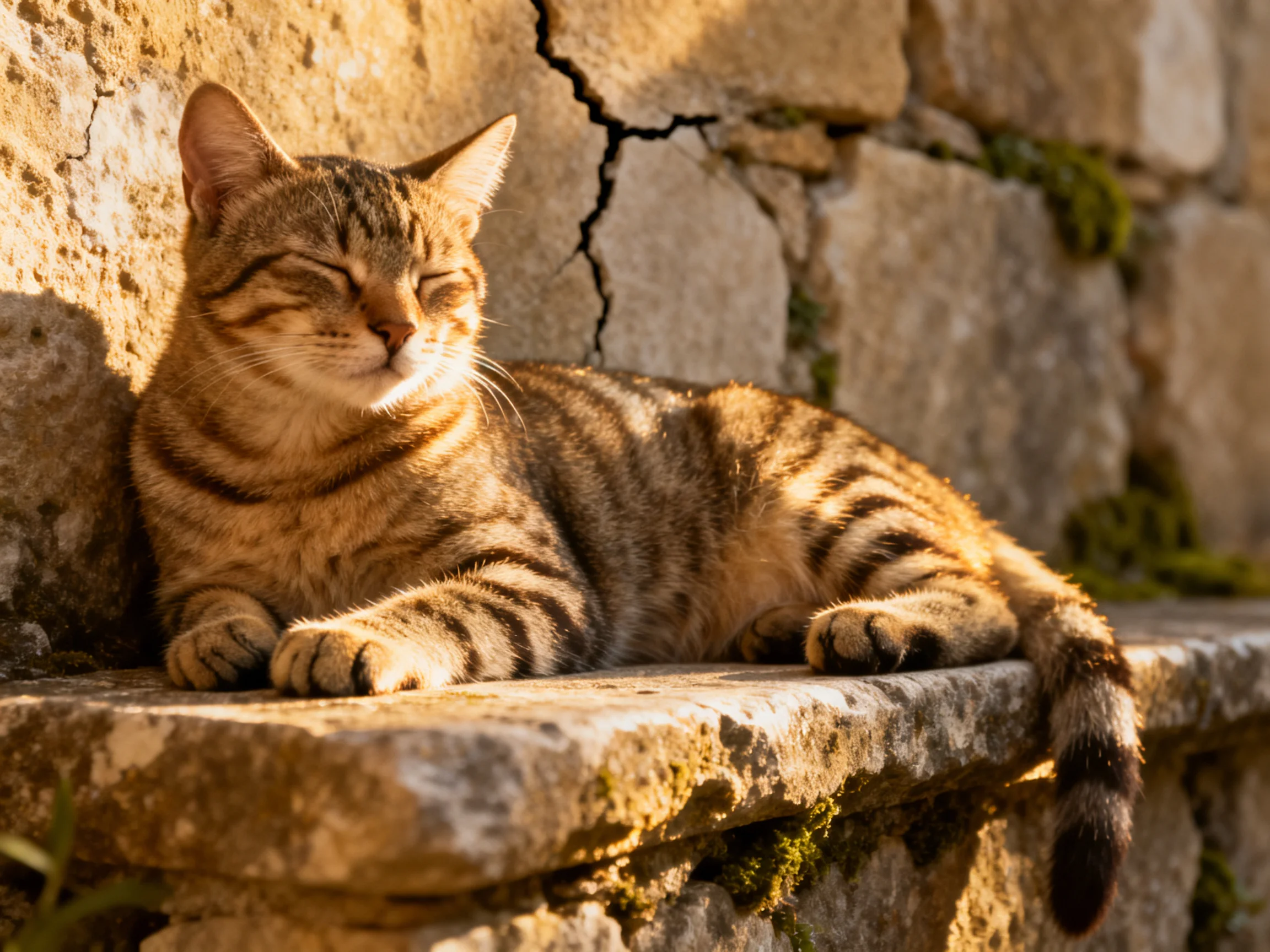 A striped tabby cat relaxes on a weathered stone ledge beside a cracked stone wall